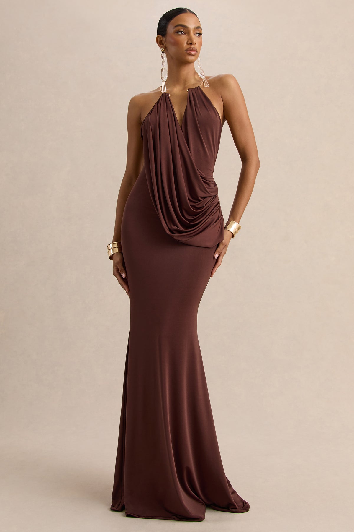 Chanterra Brown Halter-Neck Maxi Dress With Draped-Detailing – Club L  London