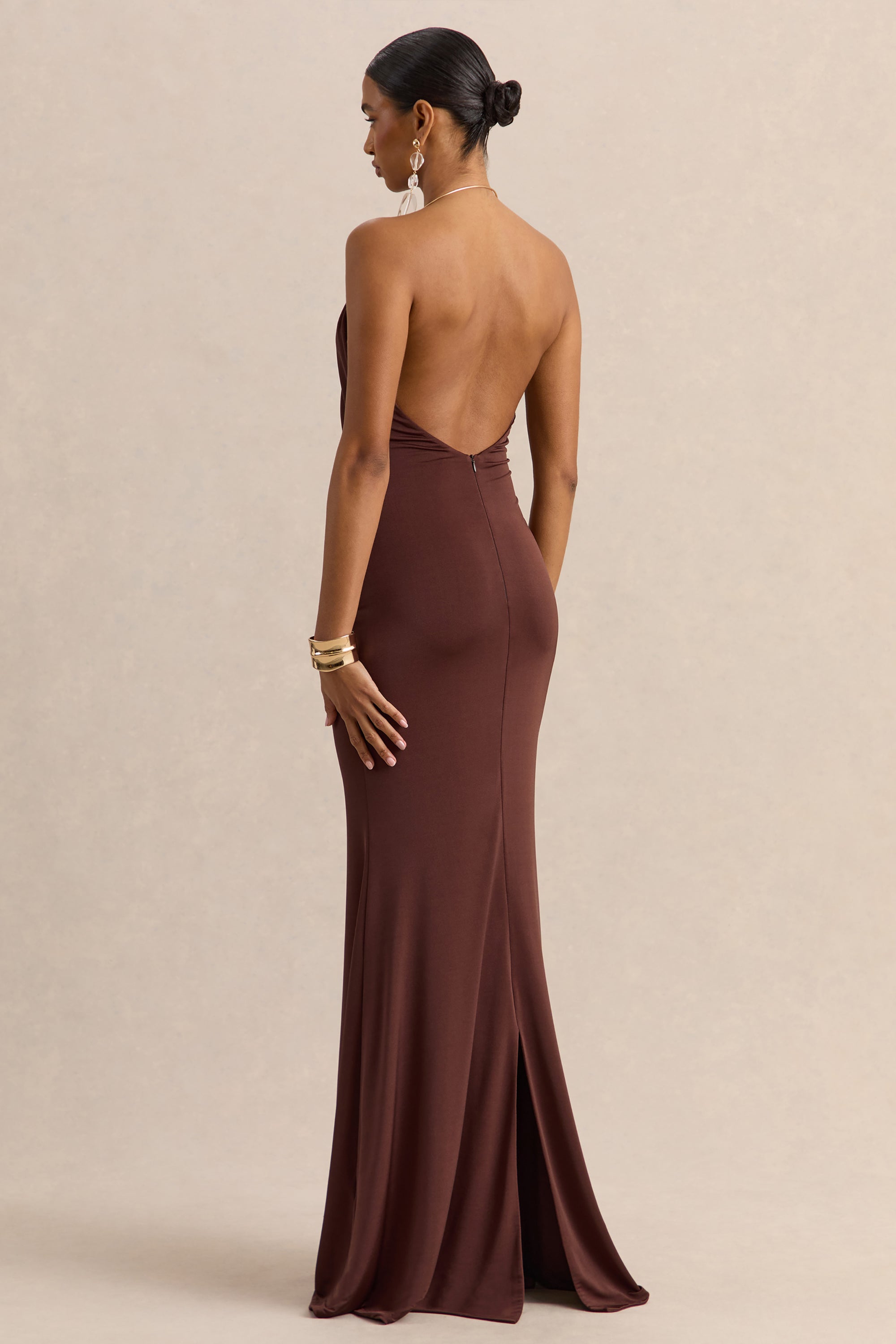 brown silk halter neck dress Cinnamon Glaze Halter Satin Maxi Dress Brown Size M from Hello Molly
