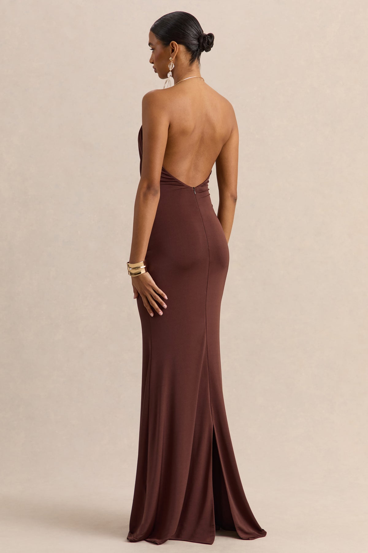 Chanterra | Brown Halter-Neck Maxi Dress With Draped-Detailing - UK 8 Brown Chanterra | Brown Halter-Neck Maxi Dress With Draped-Detailing - UK 8 Brown
