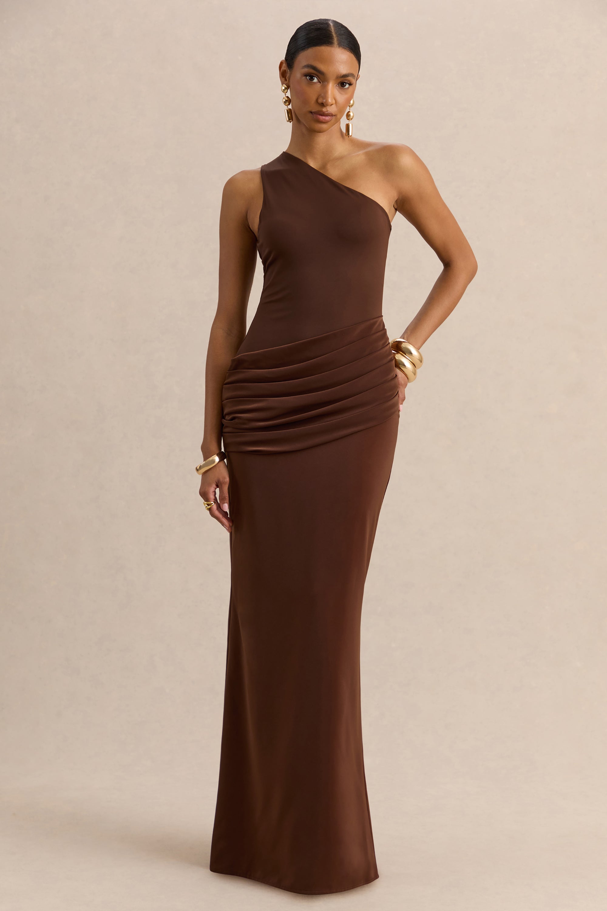brown satin asymmetrical dress Satin Asymmetric Strap Maxi Dress