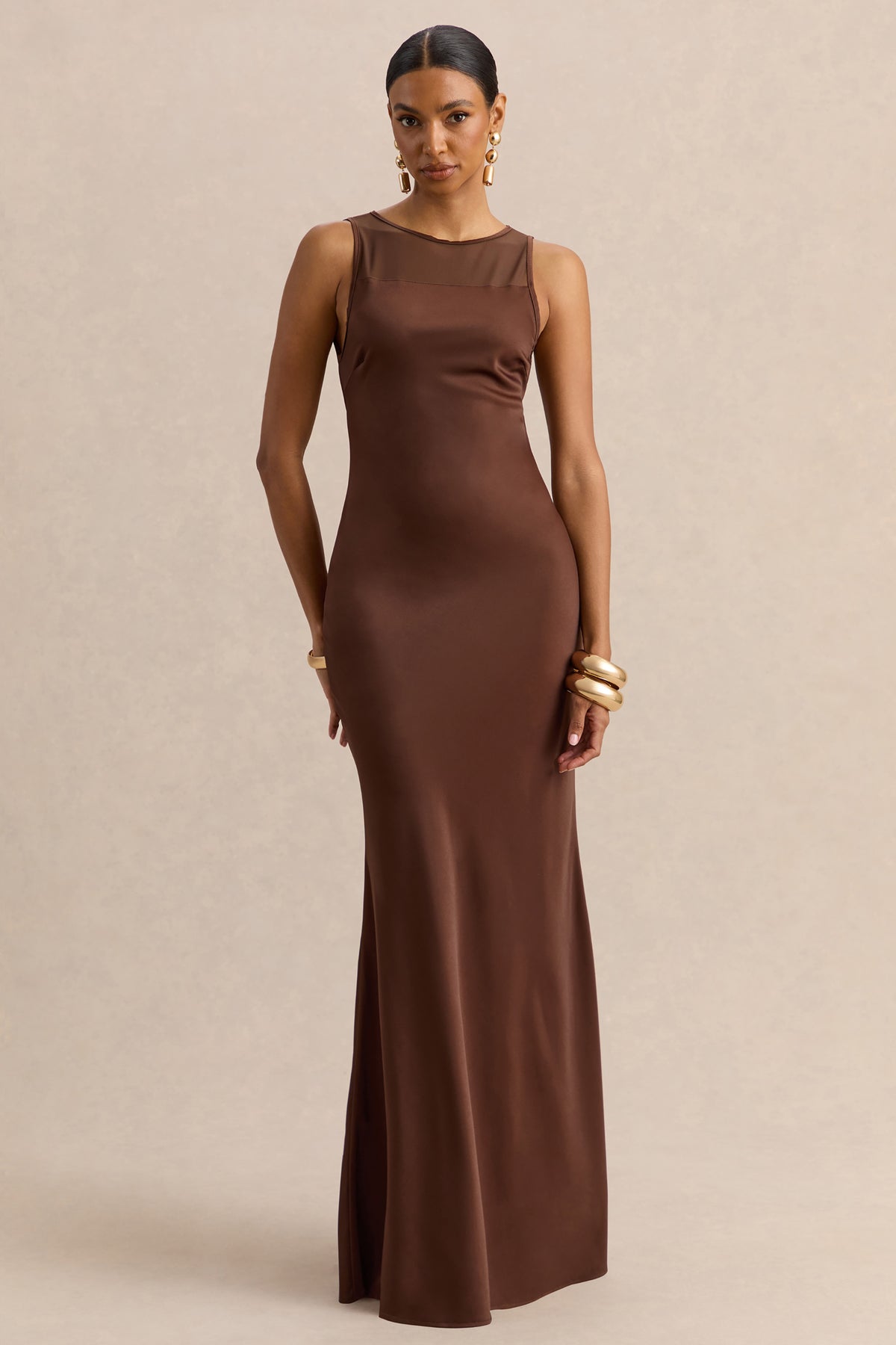 brown sheer maxi dress Strappy Blouson Panel Maxi Dress In Brown Sheer Chiffon | EGO US