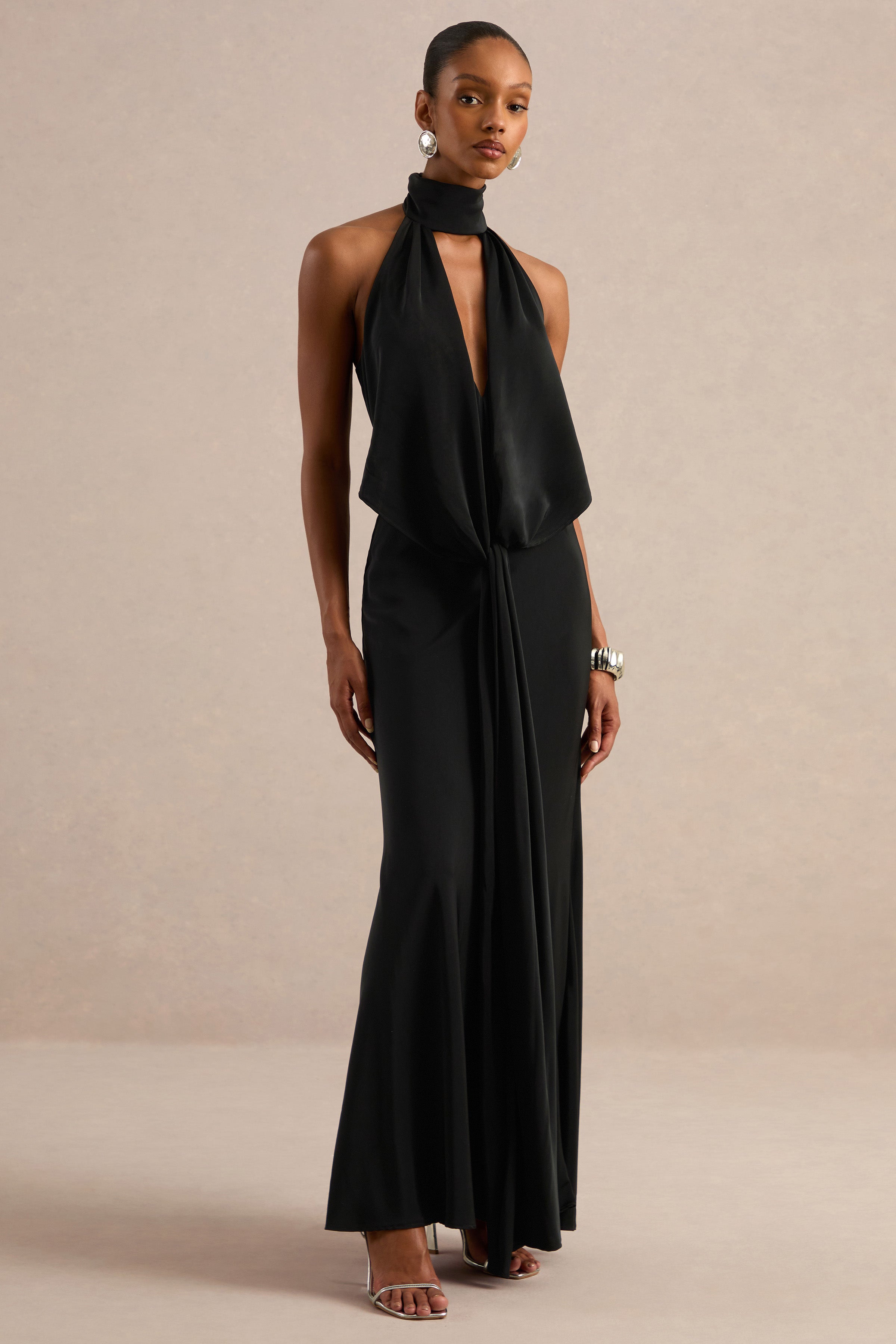 Canella | Black Satin Halter-Neck Maxi Dress With Sash-Detail