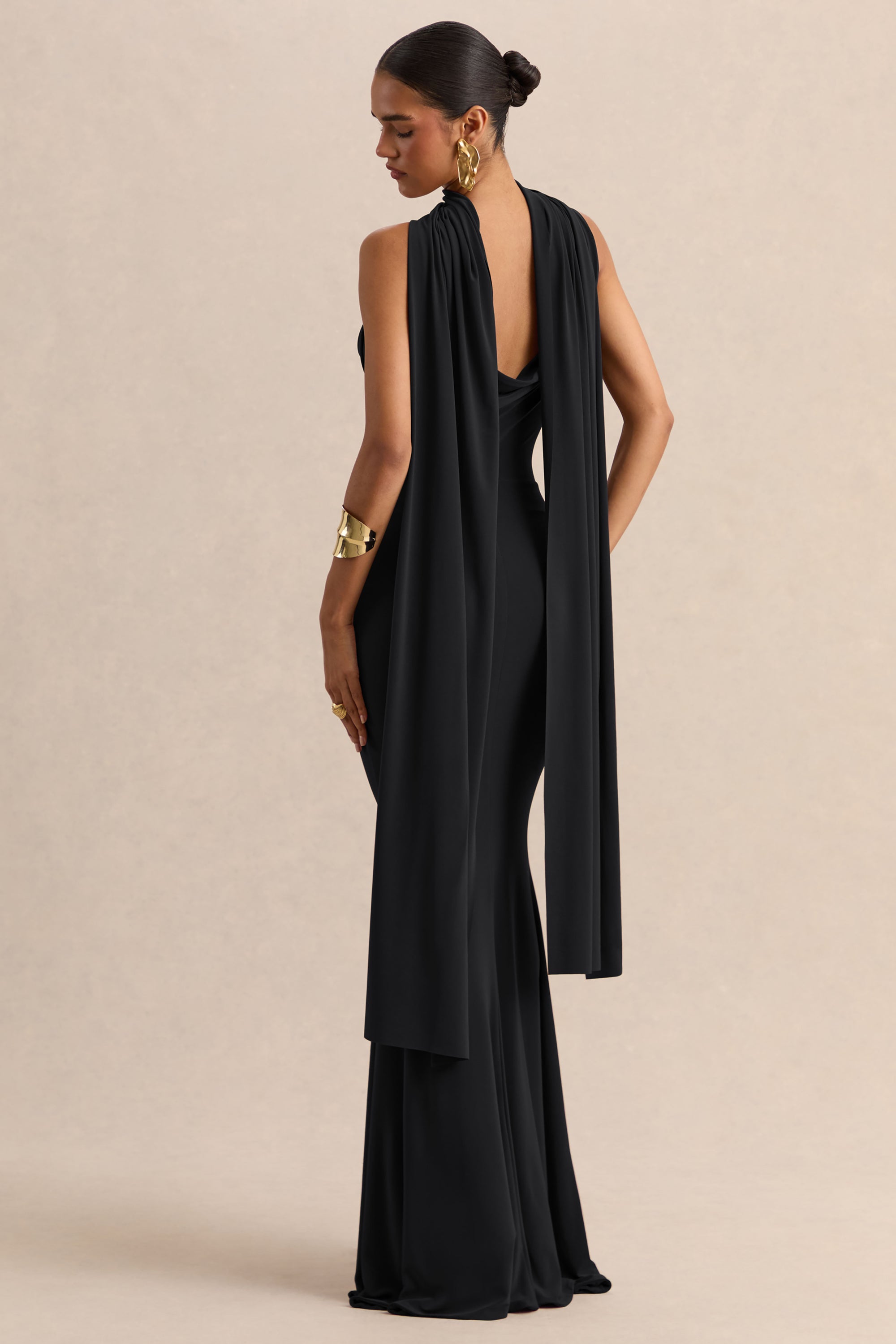 black formal dress with neck scarf ONE SHOULDER EVENING DRESS WITH SCARF DETAIL