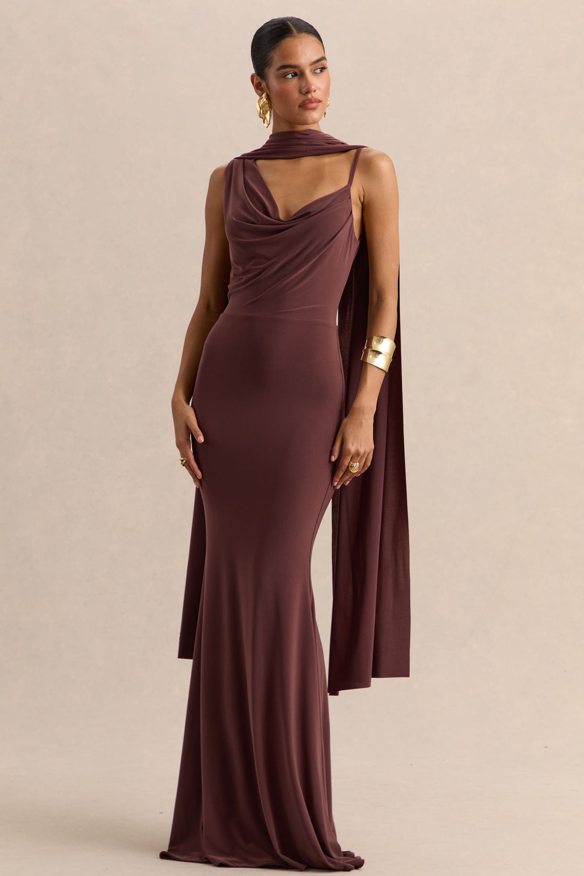 nalla maxi dress - brown Armelia | Brown Cowl-Neck Maxi Dress With Scarf-Detail