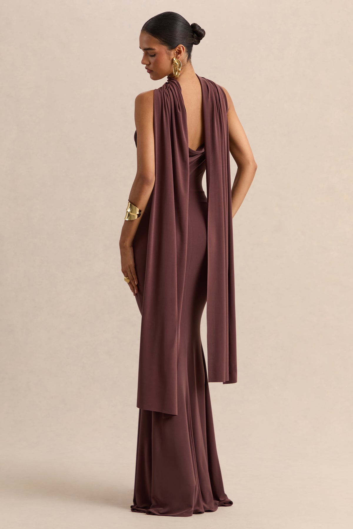 Armelia | Brown Cowl-Neck Maxi Dress With Scarf-Detail Armelia | Brown Cowl-Neck Maxi Dress With Scarf-Detail