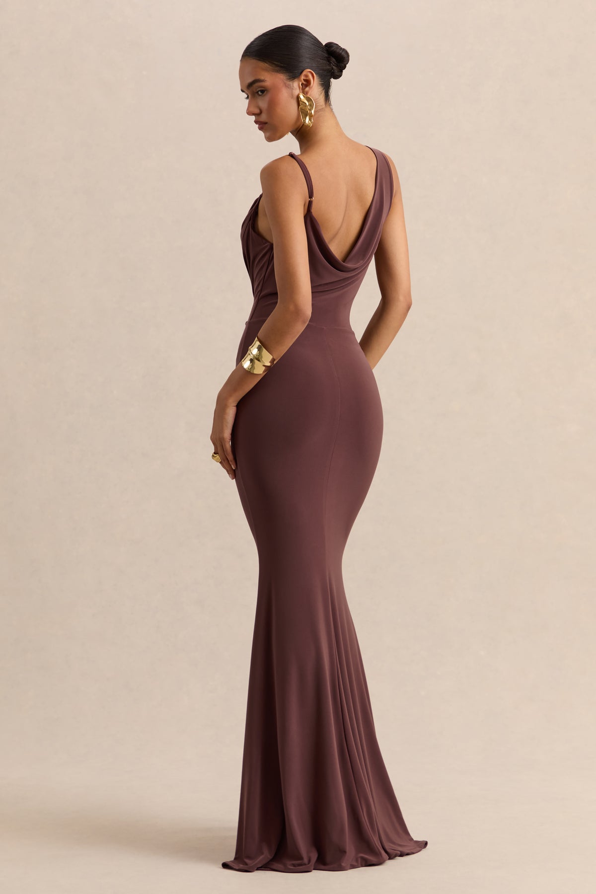Armelia | Brown Cowl-Neck Maxi Dress With Scarf-Detail - UK 12 Brown Armelia | Brown Cowl-Neck Maxi Dress With Scarf-Detail - UK 12 Brown