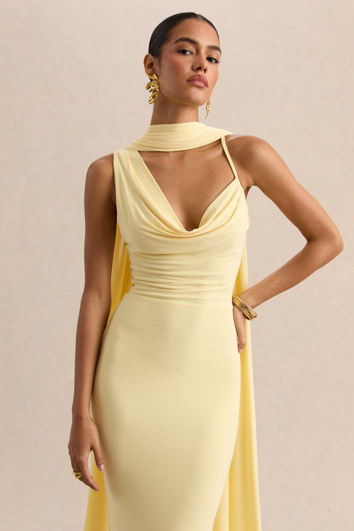 Armelia | Lemon Cowl-Neck Maxi Dress With Scarf-Detail - UK 6 Lemon Armelia | Lemon Cowl-Neck Maxi Dress With Scarf-Detail - UK 6 Lemon