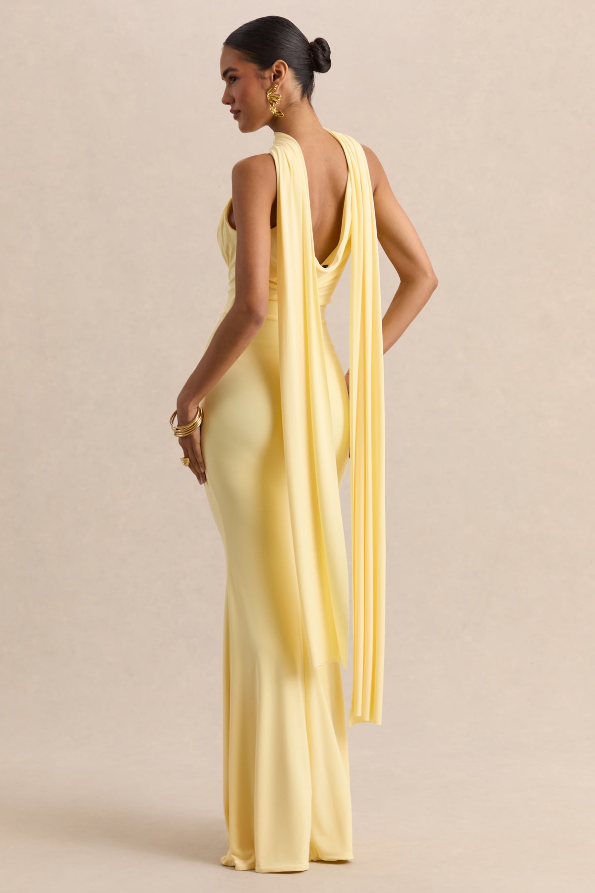 Armelia | Lemon Cowl-Neck Maxi Dress With Scarf-Detail - UK 6 Lemon Armelia | Lemon Cowl-Neck Maxi Dress With Scarf-Detail - UK 6 Lemon