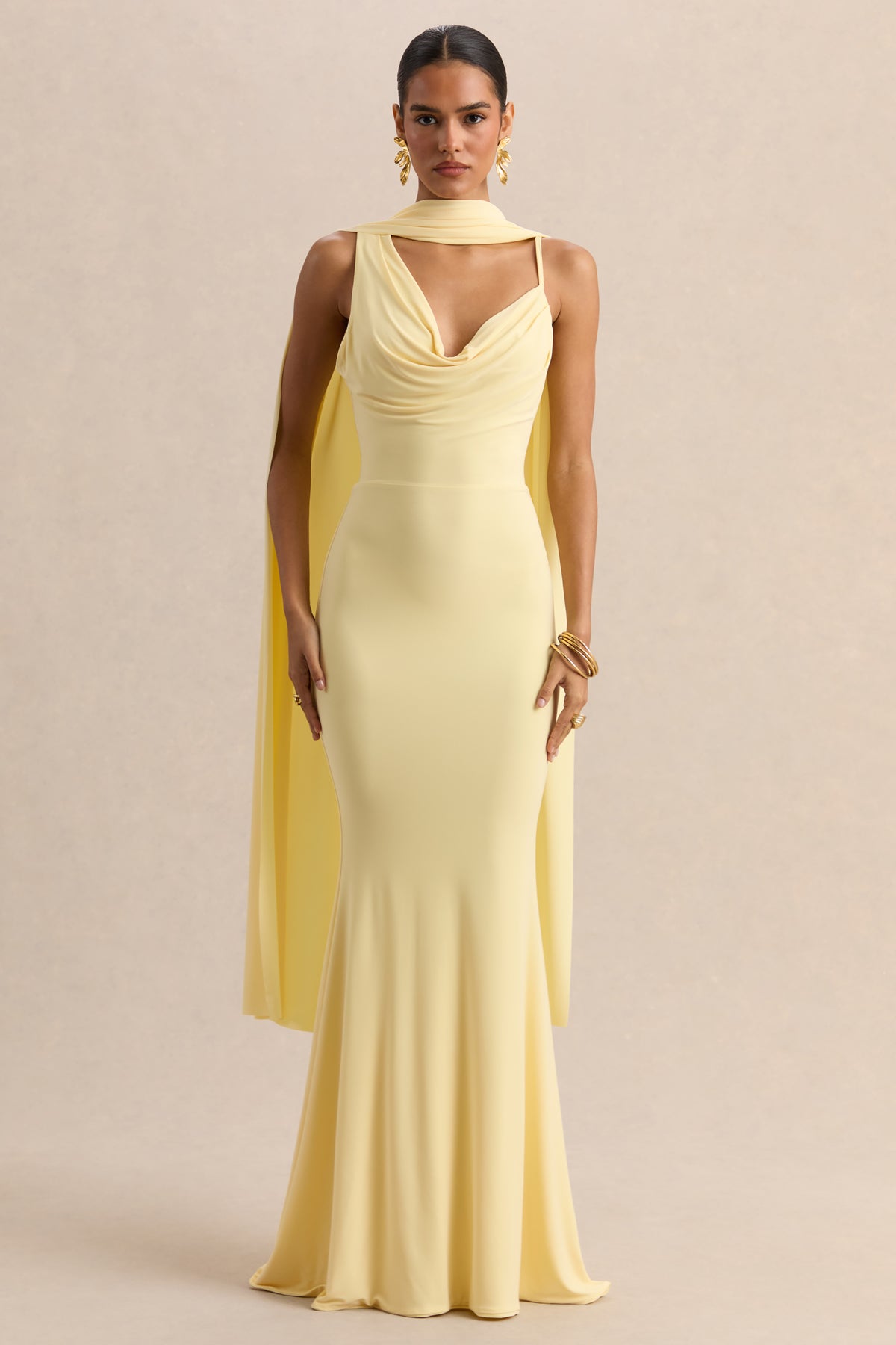 Armelia | Lemon Cowl-Neck Maxi Dress With Scarf-Detail - UK 6 Lemon Armelia | Lemon Cowl-Neck Maxi Dress With Scarf-Detail - UK 6 Lemon