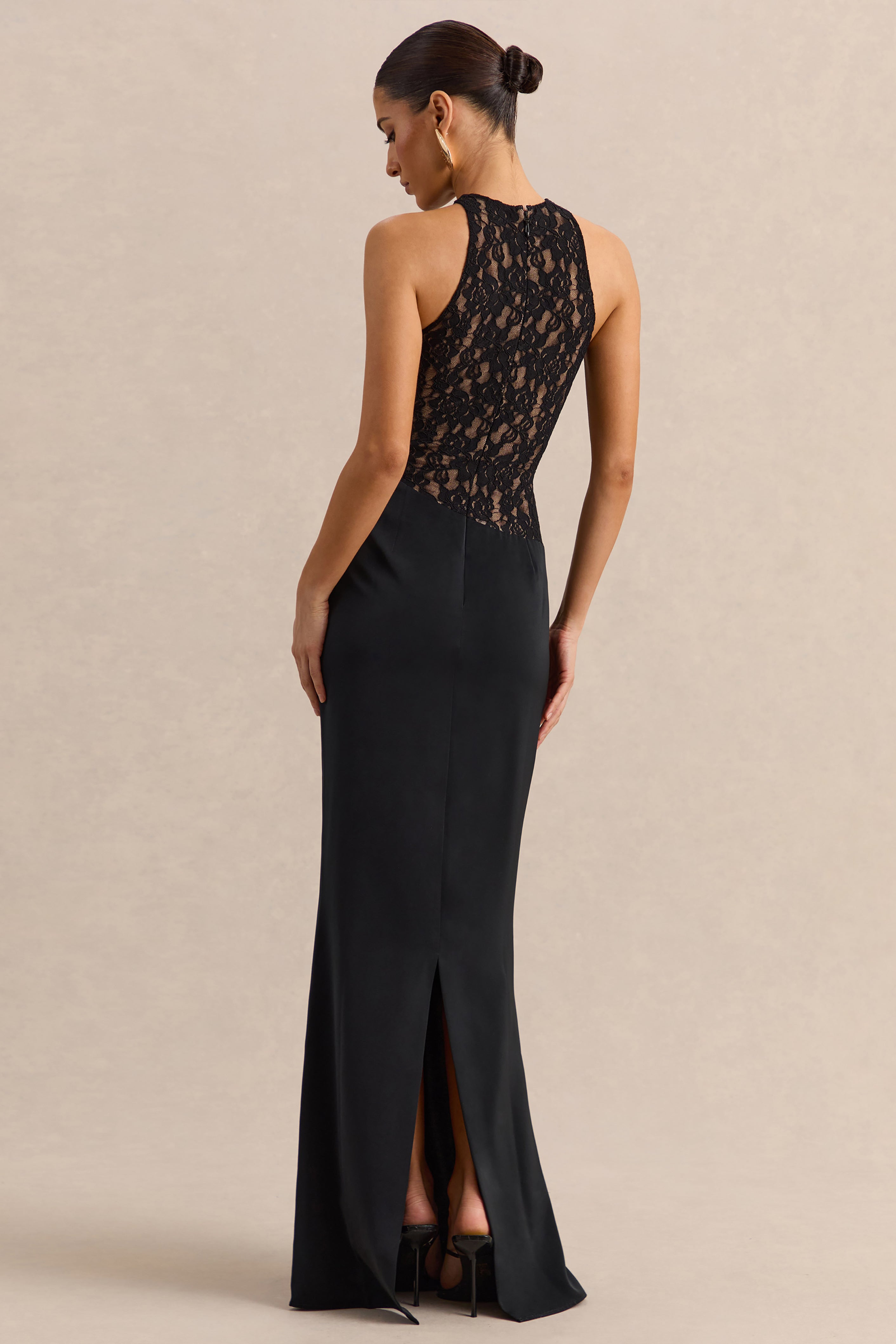 Anthelia | Black Lace And Satin Racer-Neck Maxi Dress With Draped