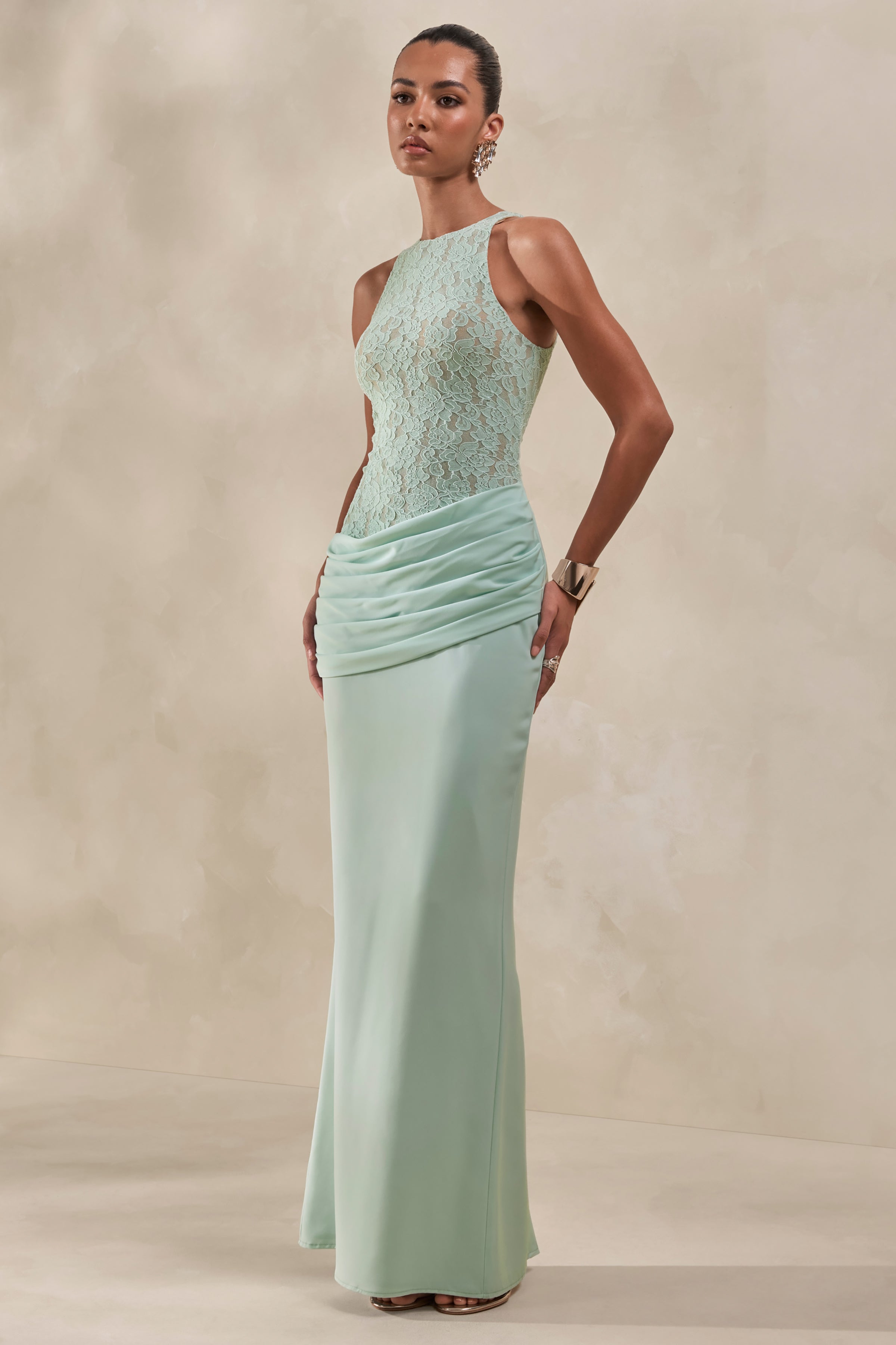Anthelia | Mint Lace And Satin Racer-Neck Maxi Dress With Draped