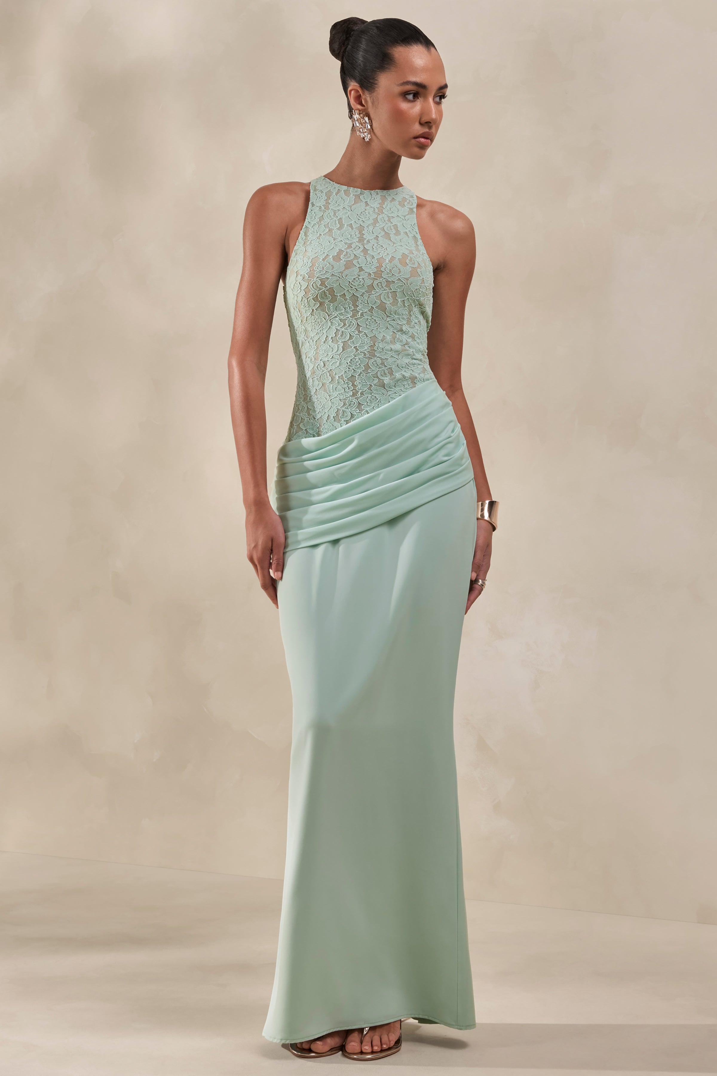 Anthelia | Mint Lace And Satin Racer-Neck Maxi Dress With Draped