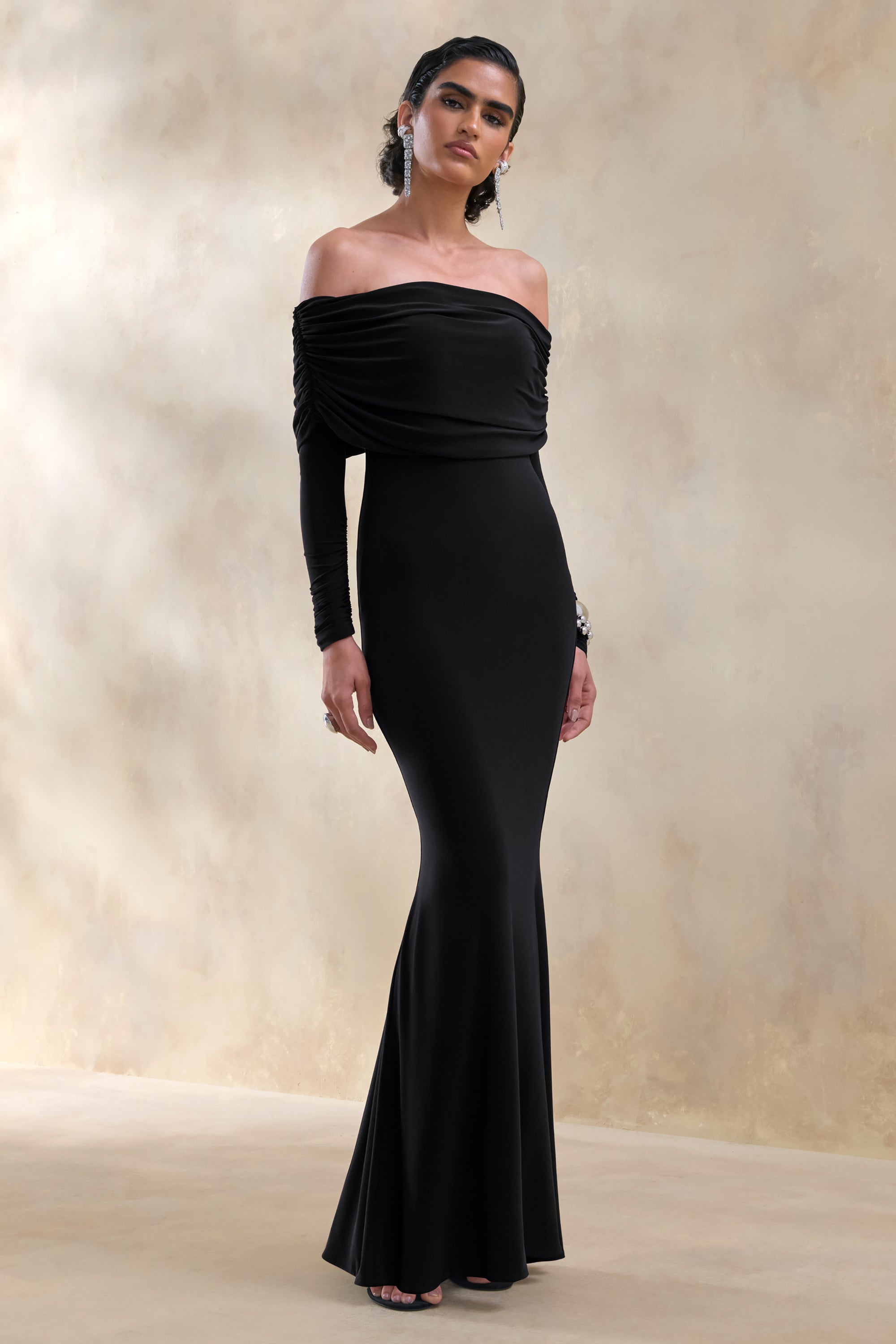 black bardot maxi dress Pearl Embellished Bardot Maxi Dress Black