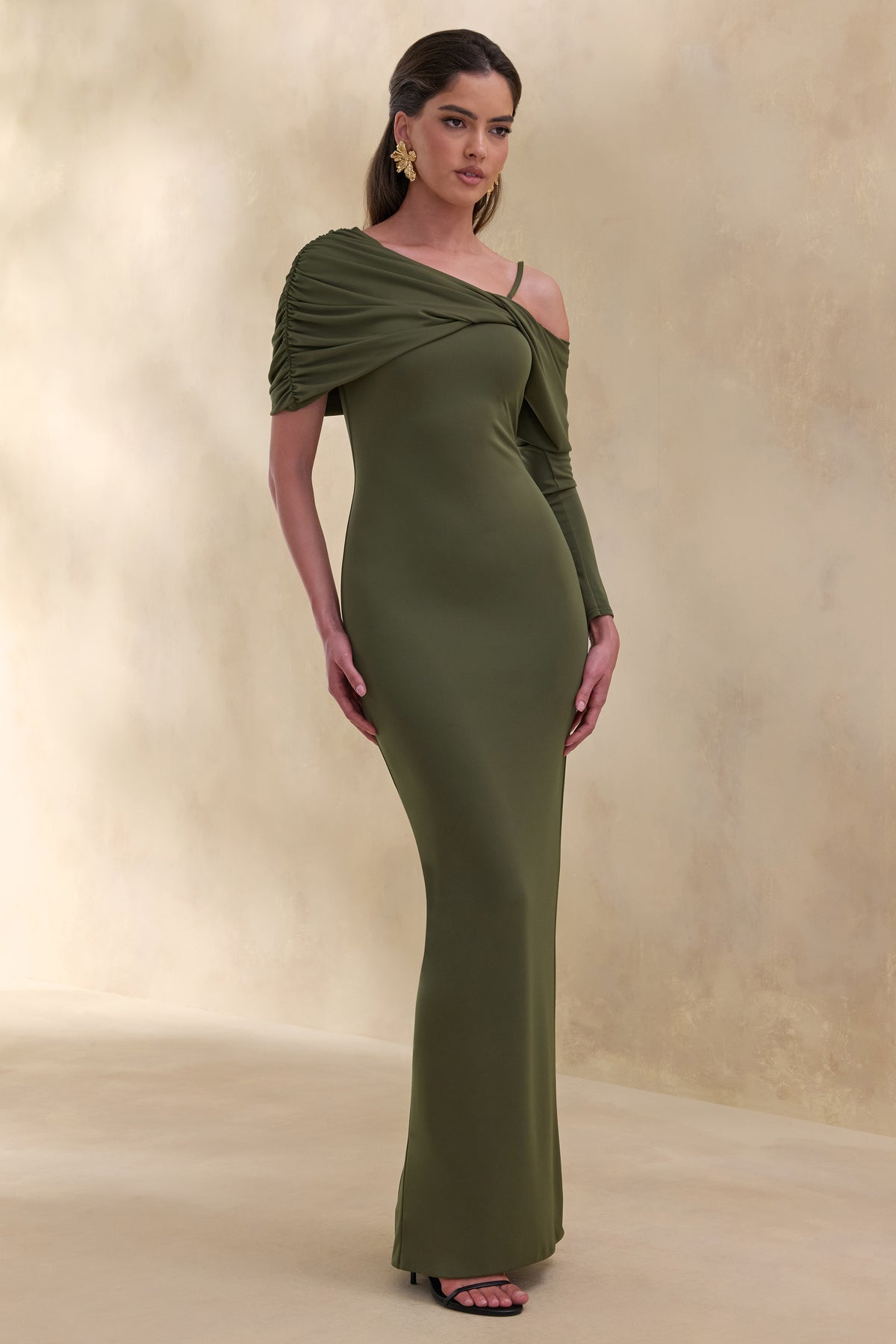 Silvaria Olive Twisted Asymmetric-Neck Maxi Dress – Club L London