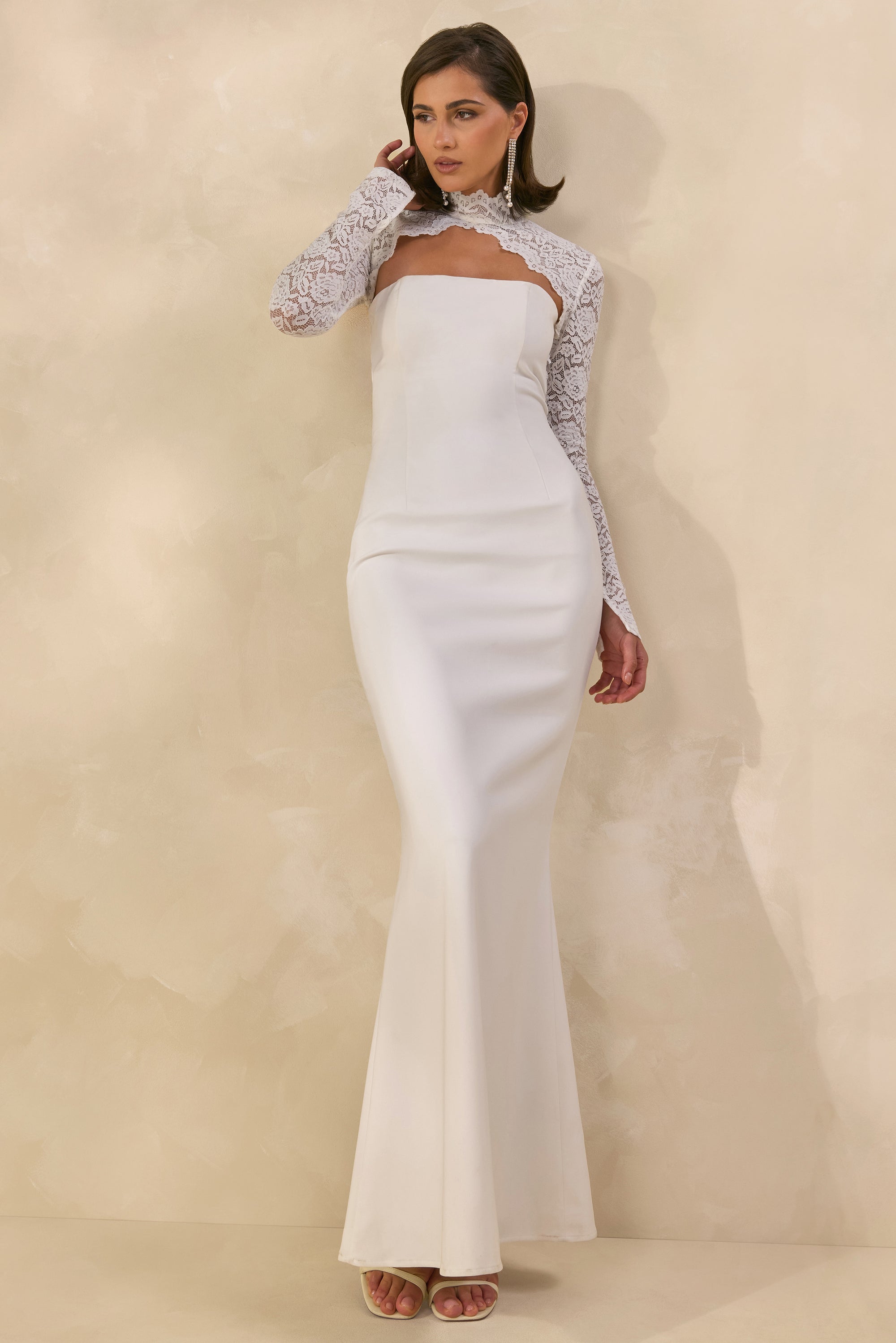 long sleeve white lace dress maxi Inas High Neck with Sleeves Crafted in our signature dual Bhldn Long-Sleeve Mock-Neck Stretch Lace