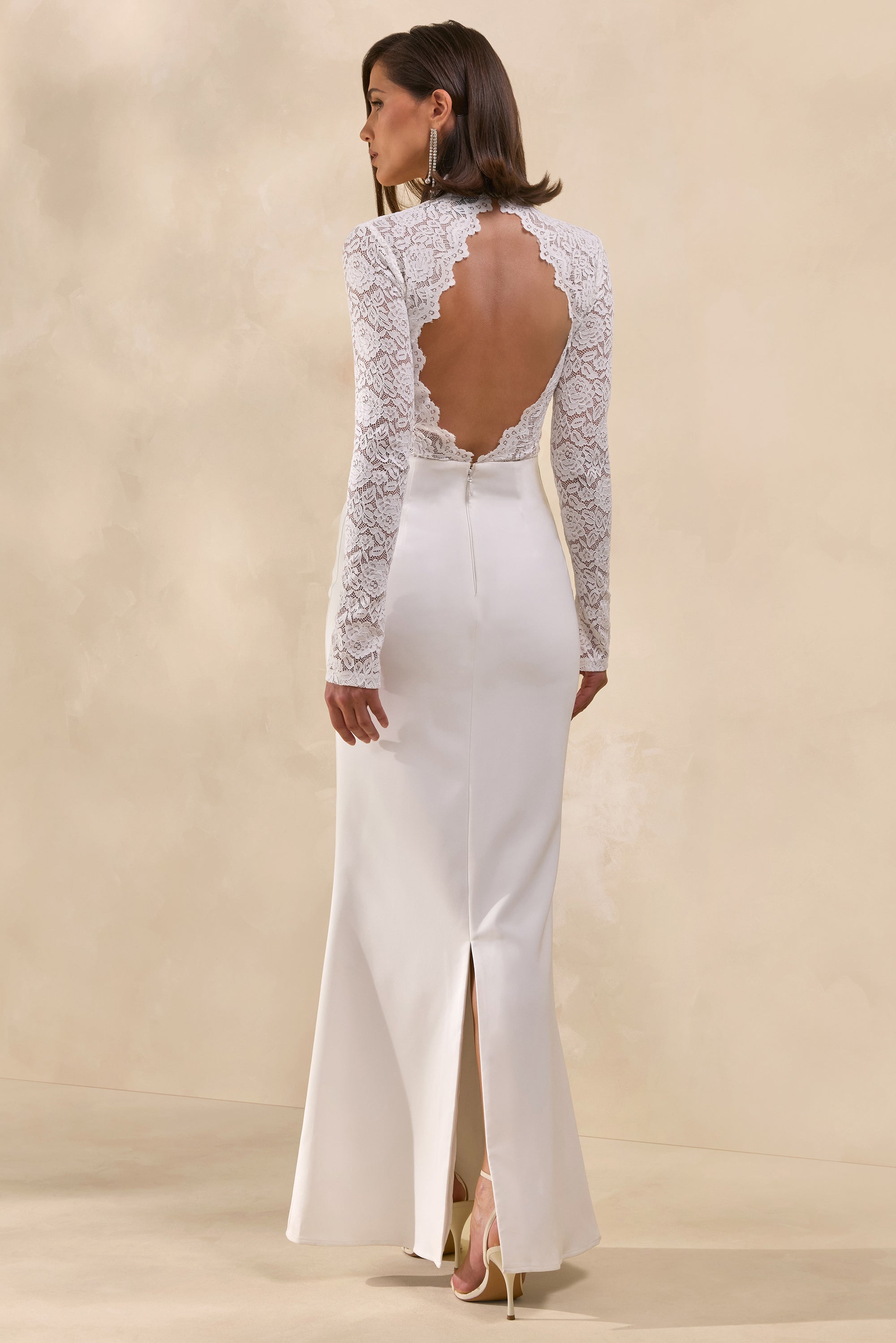 high neck open back white dress High Neck Open Back Sleeveless Satin Long Wedding Dress White / US 8
