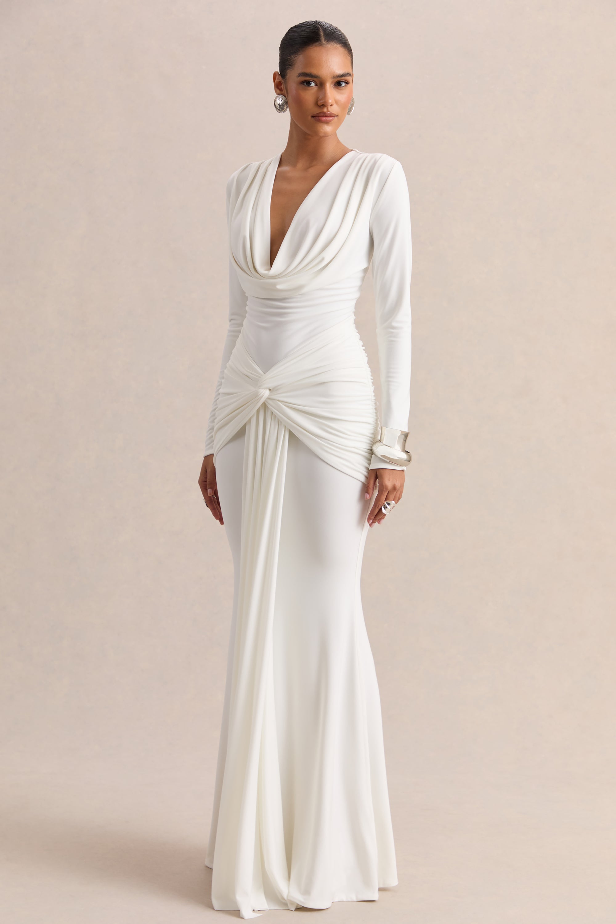 white satin plunge dress Elegant White Satin Plunge Evening Gown on Luulla