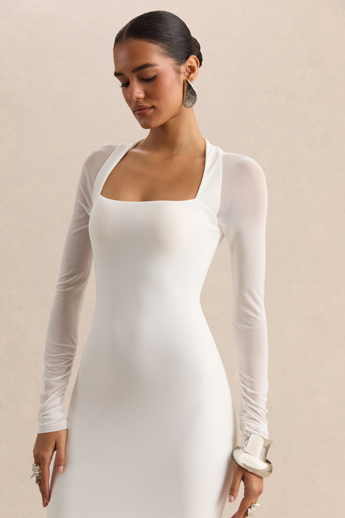 Fleurisia | White Square-Neck Maxi Dress With Mesh Long-Sleeves - UK 8 White Fleurisia | White Square-Neck Maxi Dress With Mesh Long-Sleeves - UK 8 White