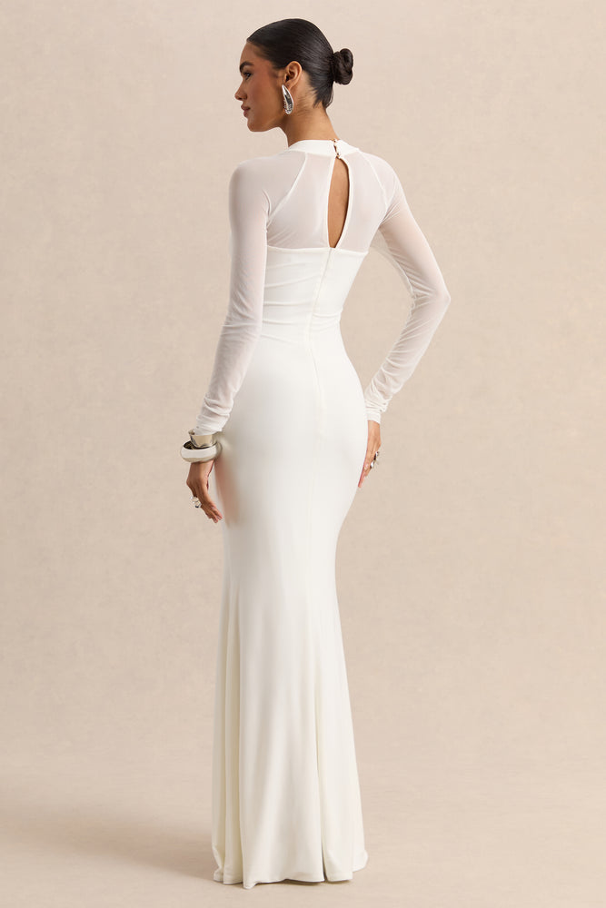 long white long sleeve dress Fleurisia | White Square-Neck Maxi Dress With Mesh Long-Sleeves