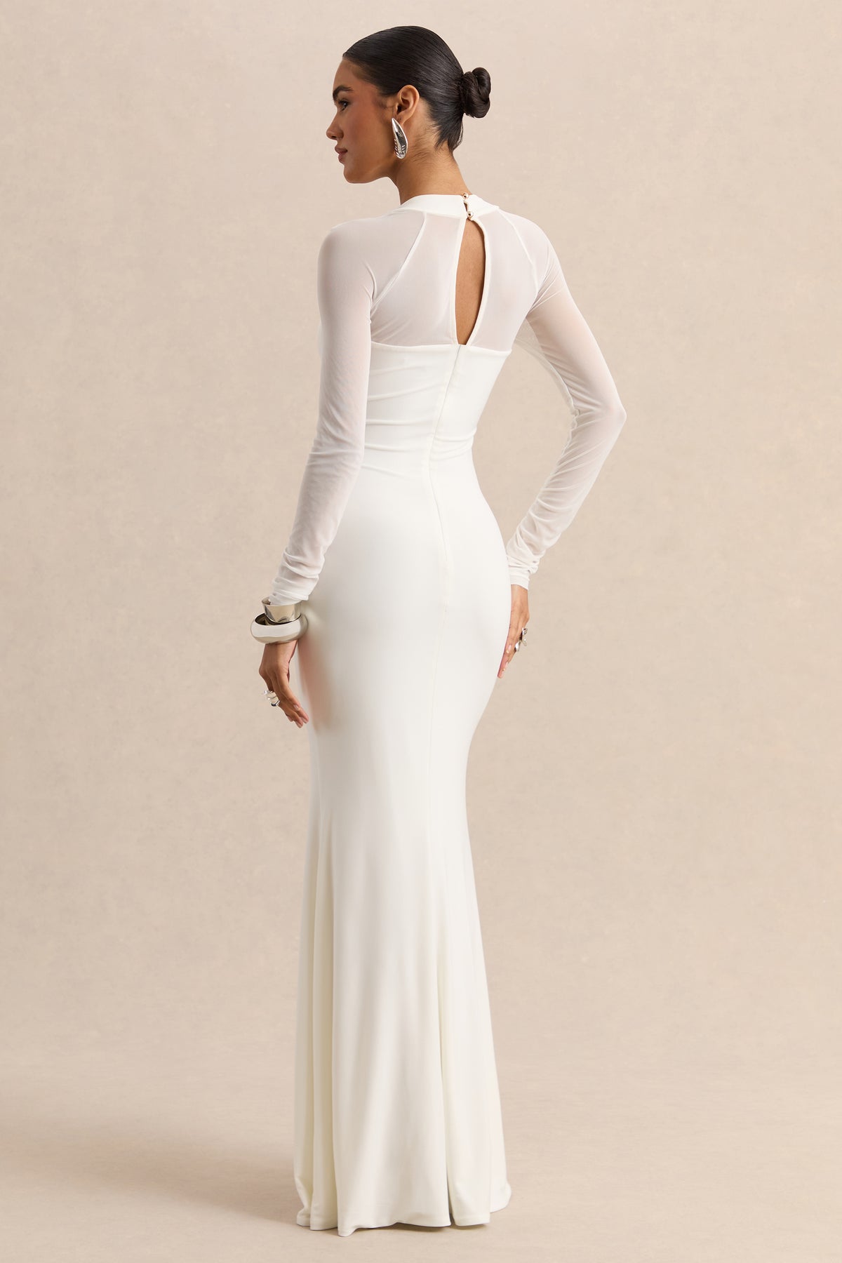 Fleurisia | White Square-Neck Maxi Dress With Mesh Long-Sleeves - UK 8 White Fleurisia | White Square-Neck Maxi Dress With Mesh Long-Sleeves - UK 8 White