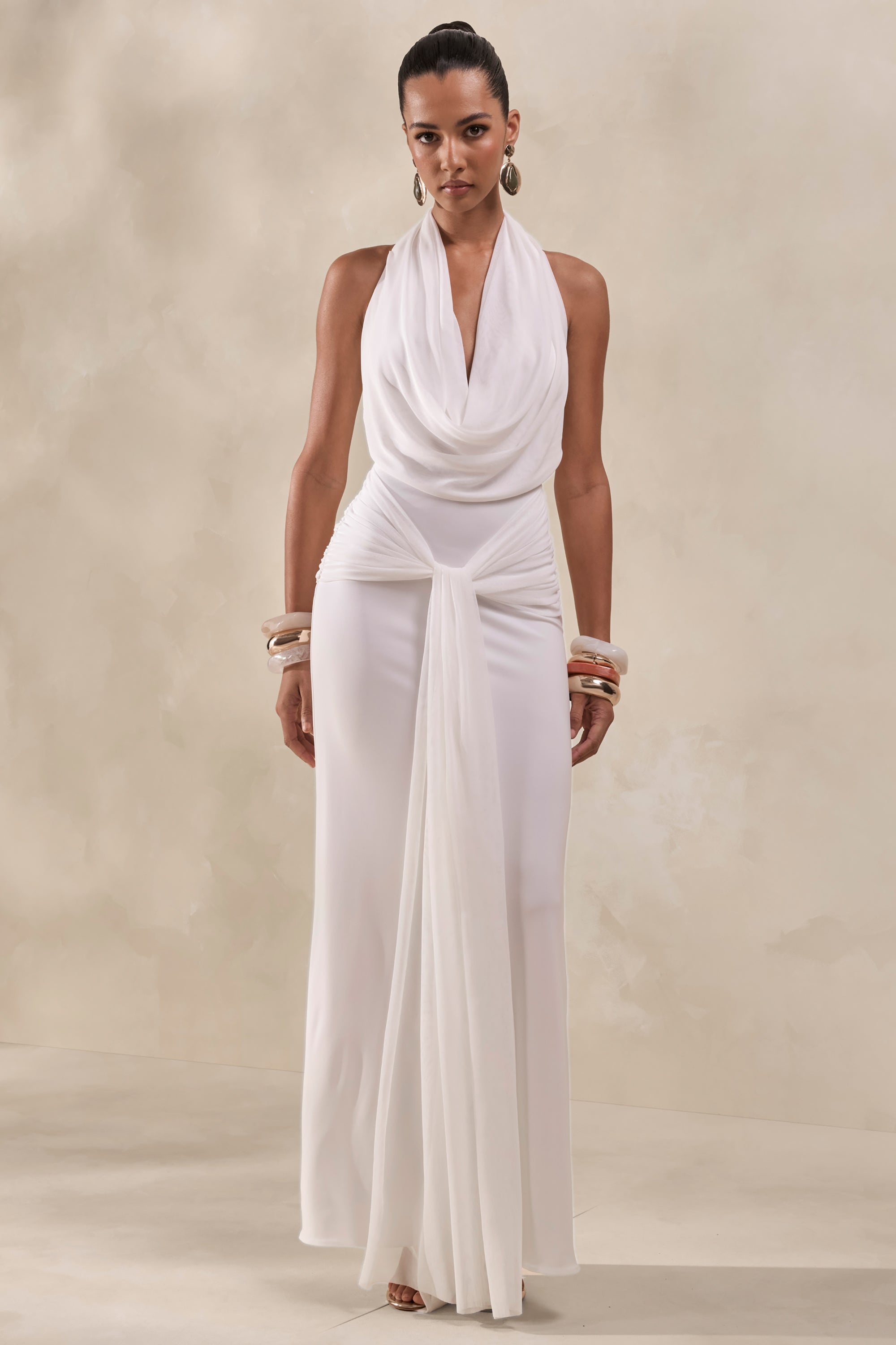 Rosetide | White Cowl-Neck Maxi Dress With Gathered-Detailing And Sash