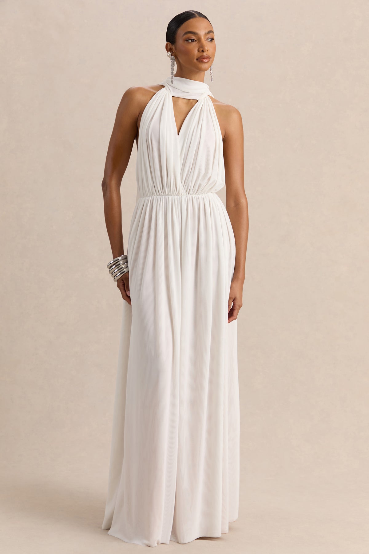 Rylina White Mesh Halter-Neck Maxi Dress With Scarf And Open-Back Club L London - USA Rylina White Mesh Halter-Neck Maxi Dress With Scarf And Open-Back Club L London - USA