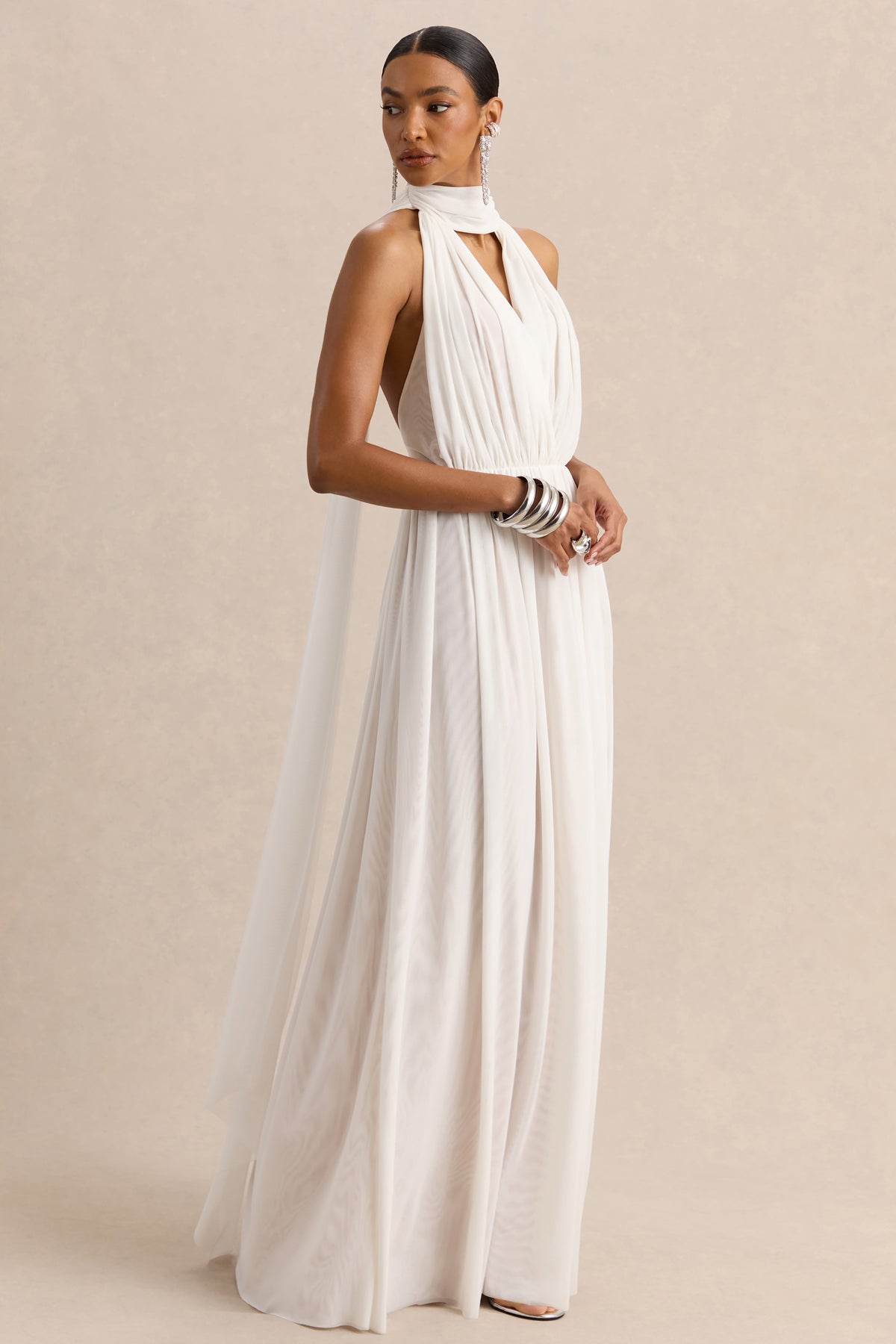 Rylina White Mesh Halter-Neck Maxi Dress With Scarf And Open-Back Club L London - USA Rylina White Mesh Halter-Neck Maxi Dress With Scarf And Open-Back Club L London - USA