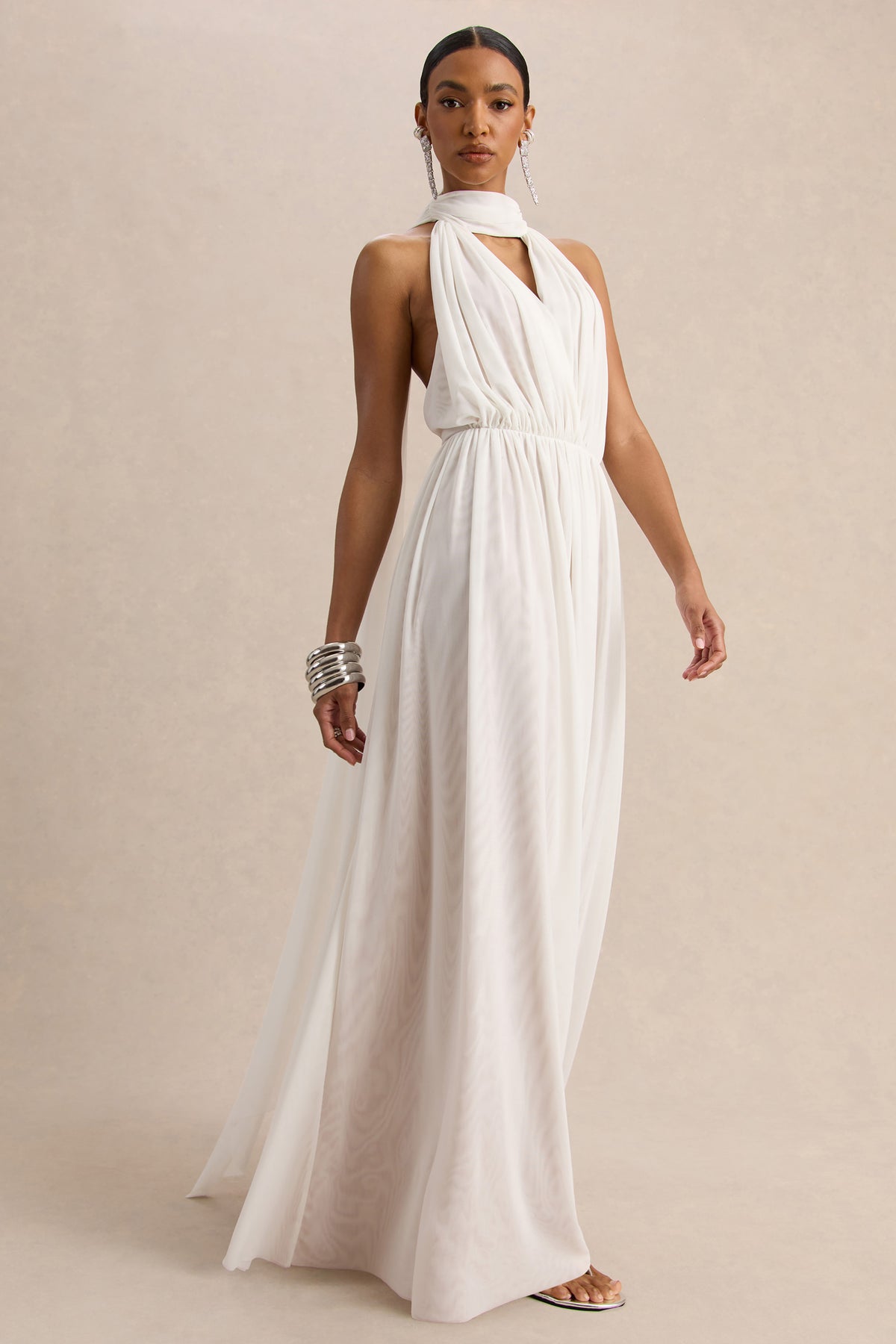 Rylina | White Mesh Halter-Neck Maxi Dress With Scarf And Open-Back - UK 12 White Rylina | White Mesh Halter-Neck Maxi Dress With Scarf And Open-Back - UK 12 White