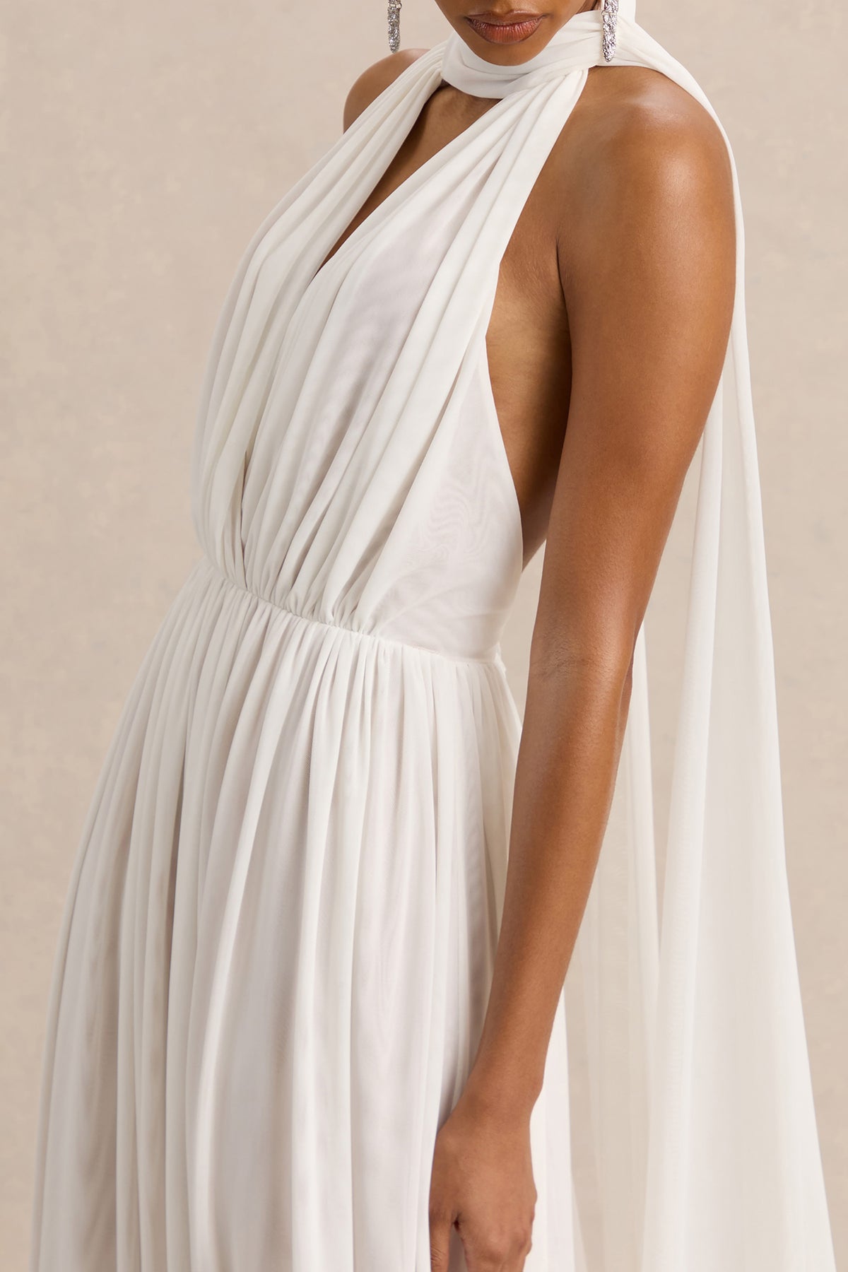 Rylina | White Mesh Halter-Neck Maxi Dress With Scarf And Open-Back - UK 12 White Rylina | White Mesh Halter-Neck Maxi Dress With Scarf And Open-Back - UK 12 White