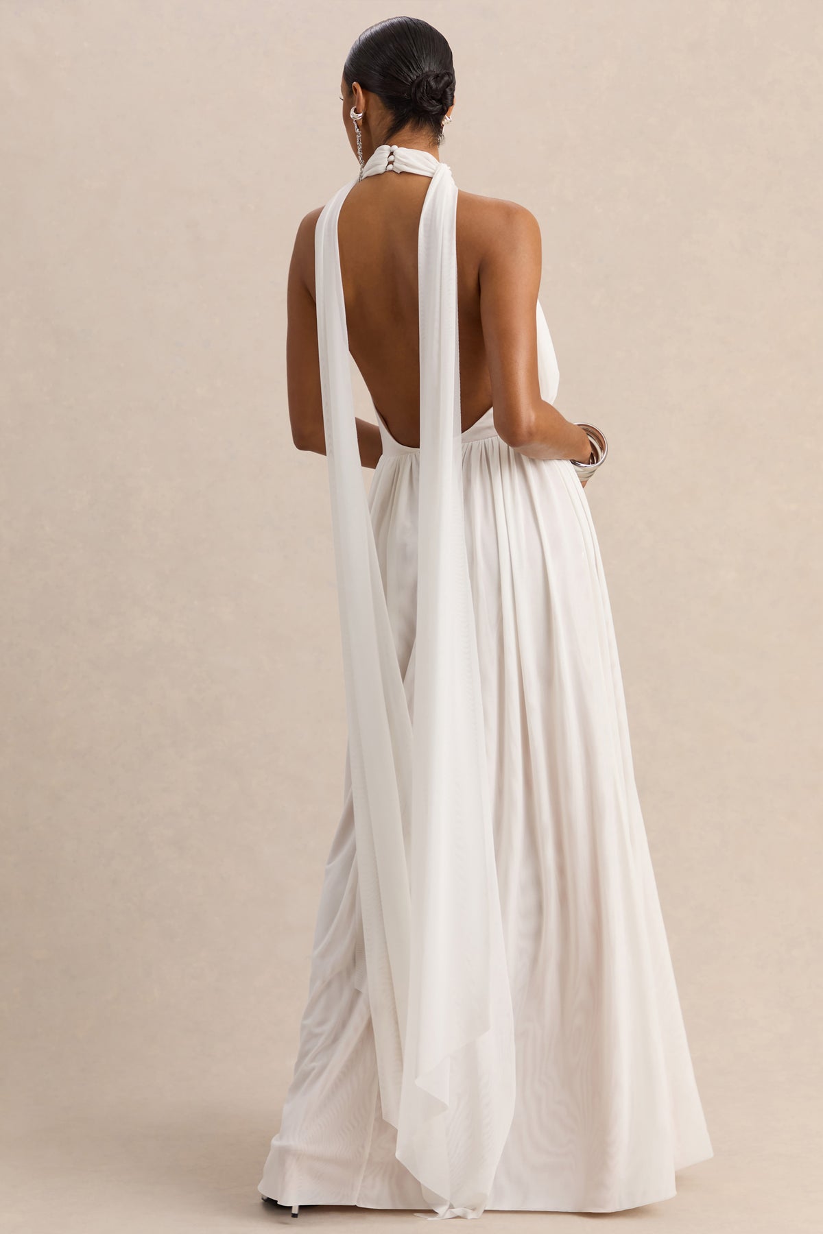 Rylina | White Mesh Halter-Neck Maxi Dress With Scarf And Open-Back - UK 12 White Rylina | White Mesh Halter-Neck Maxi Dress With Scarf And Open-Back - UK 12 White