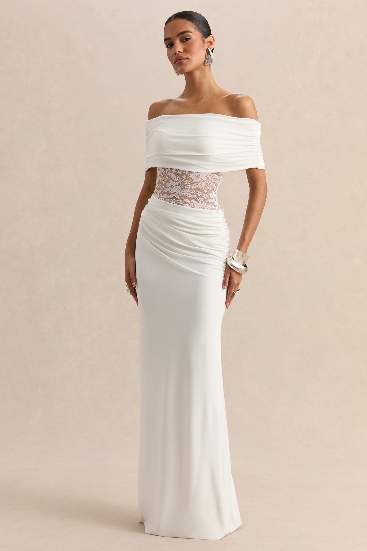 Forsya White Bardot-Neck Maxi Dress With Lace-Detailing Club L London - USA Forsya White Bardot-Neck Maxi Dress With Lace-Detailing Club L London - USA