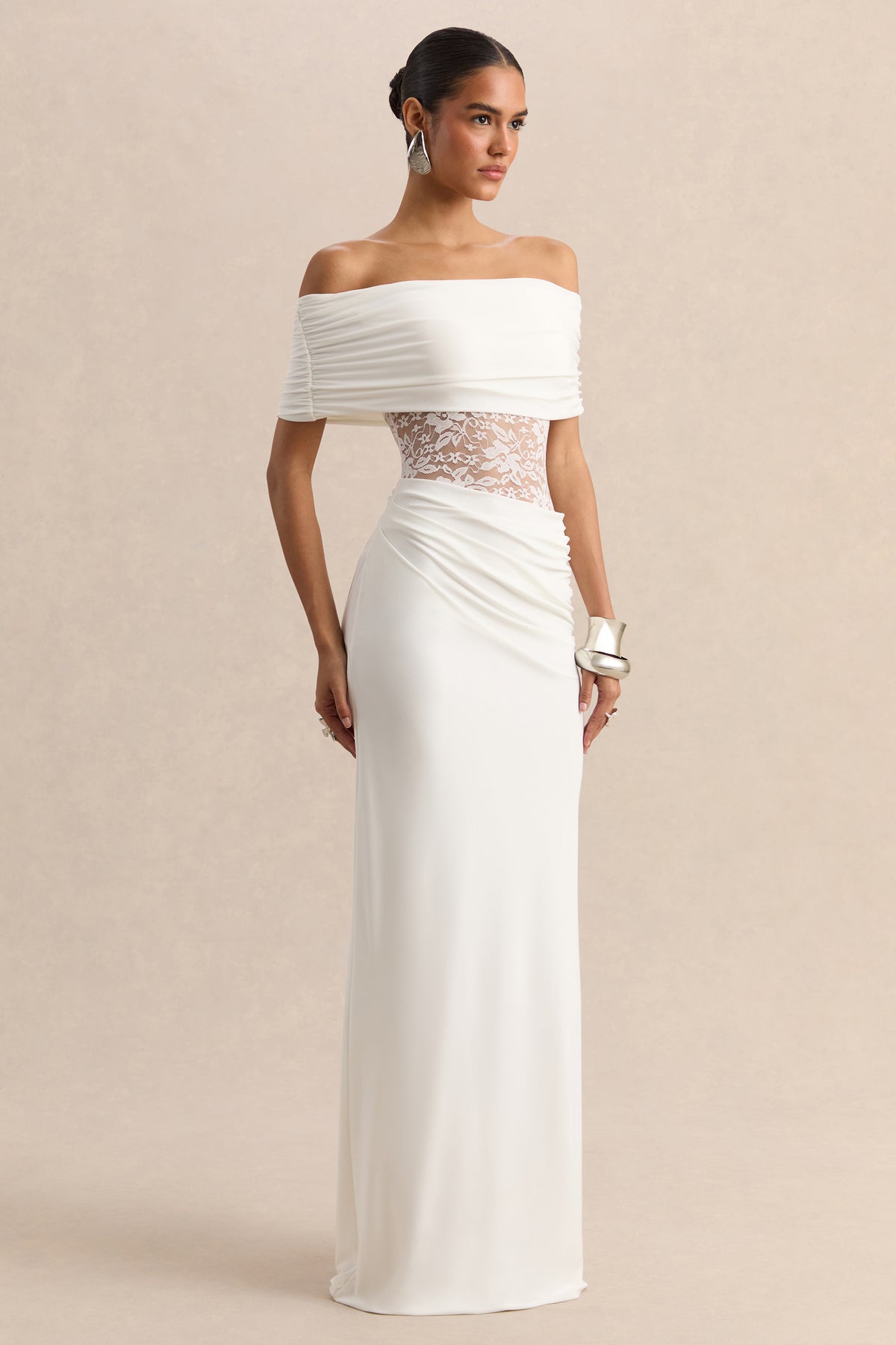 Forsya | White Bardot-Neck Maxi Dress With Lace-Detailing - UK 16 White Forsya | White Bardot-Neck Maxi Dress With Lace-Detailing - UK 16 White