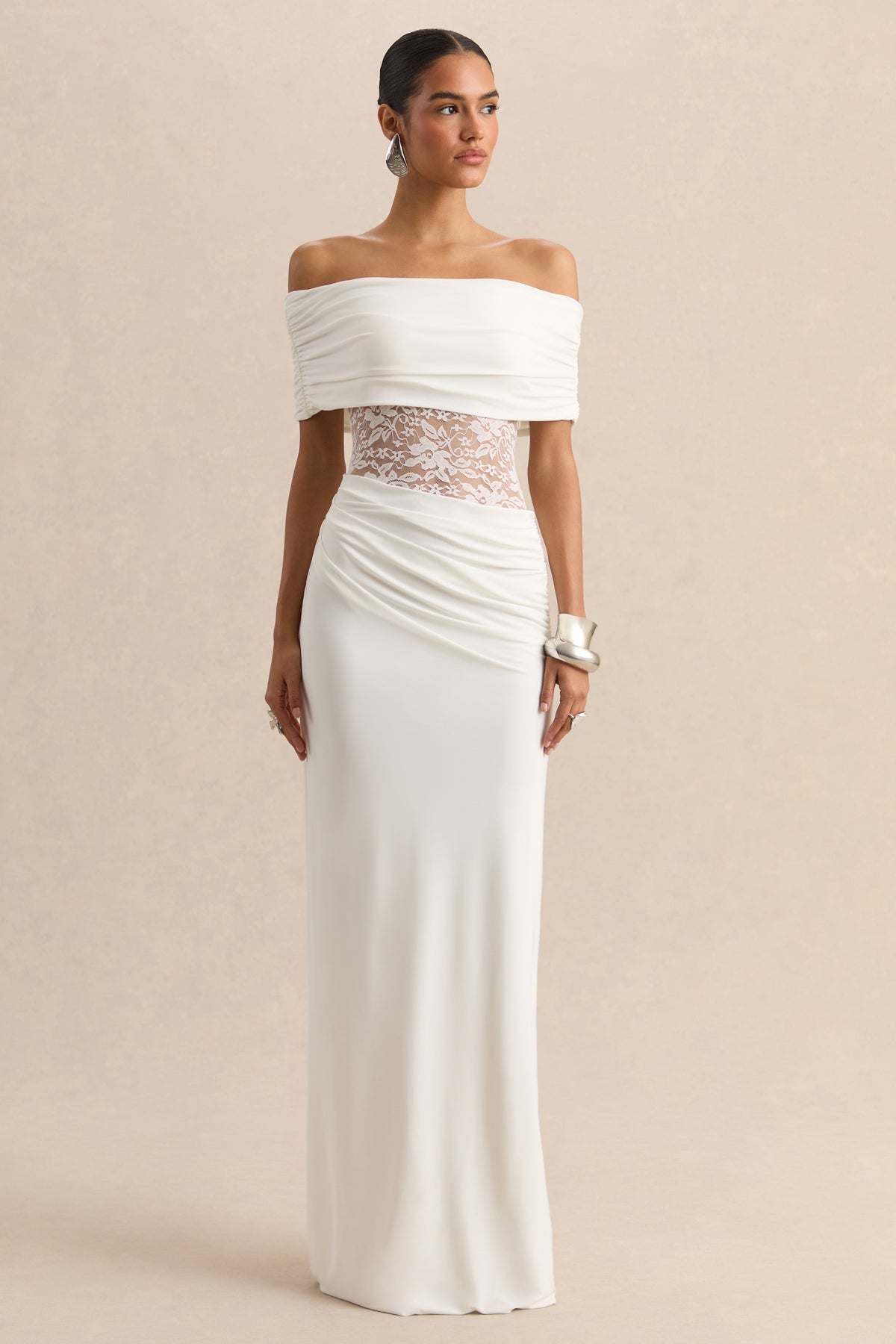 Forsya | White Bardot-Neck Maxi Dress With Lace-Detailing - UK 16 White Forsya | White Bardot-Neck Maxi Dress With Lace-Detailing - UK 16 White