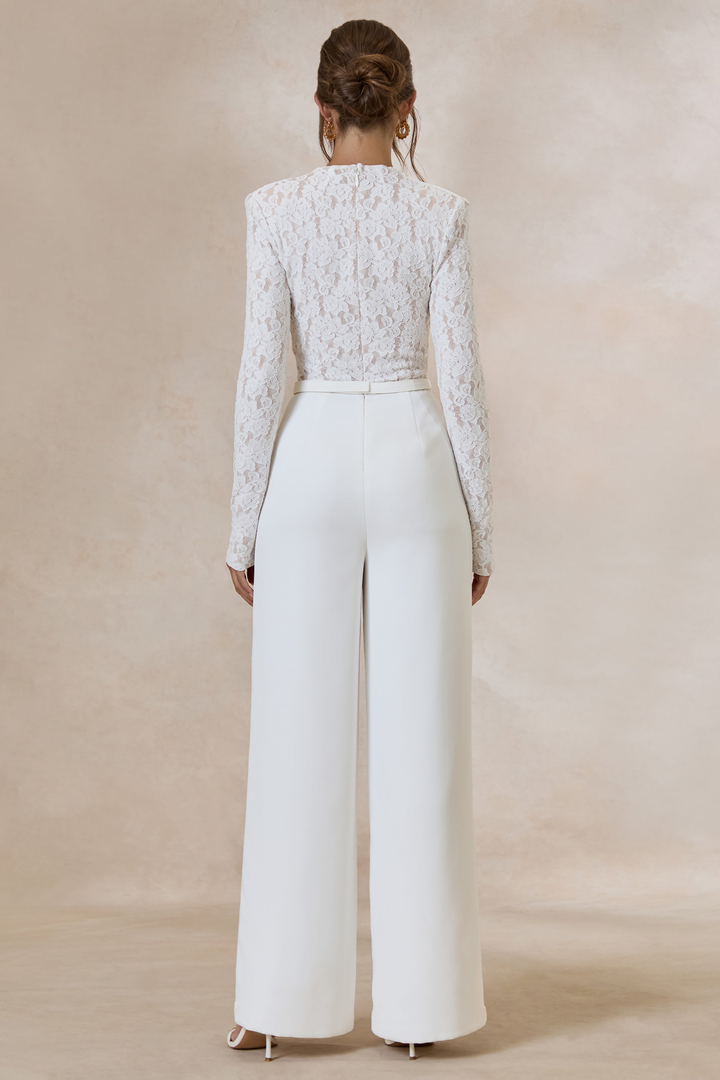 Romancea | White Lace High-Neck Jumpsuit With Belt Detail – Club L