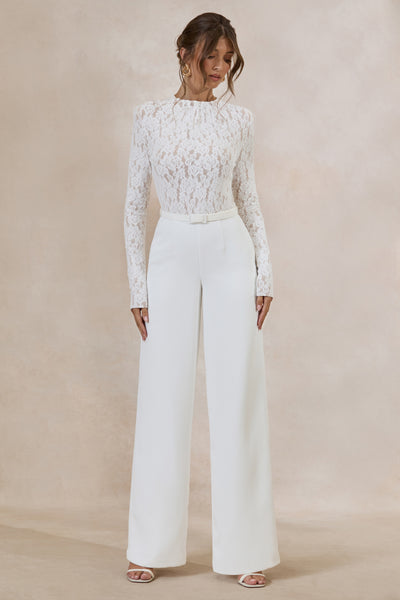 Romancea | White Lace High-Neck Jumpsuit With Belt Detail – Club L