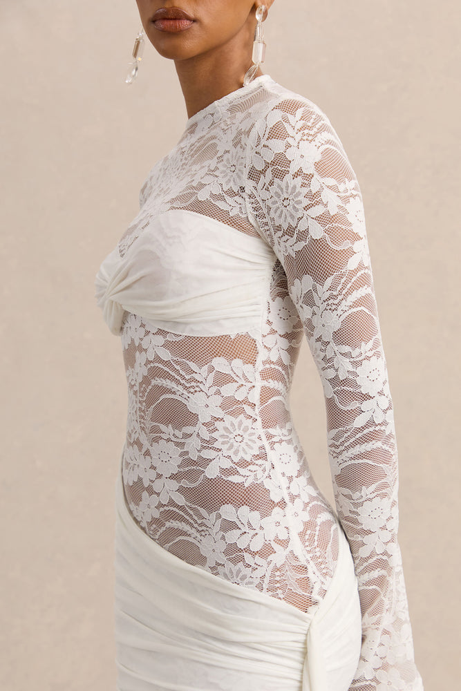 Milavia | White Lace Crew-Neck Mini Dress With Wrap & Sash Detail - UK 12 White