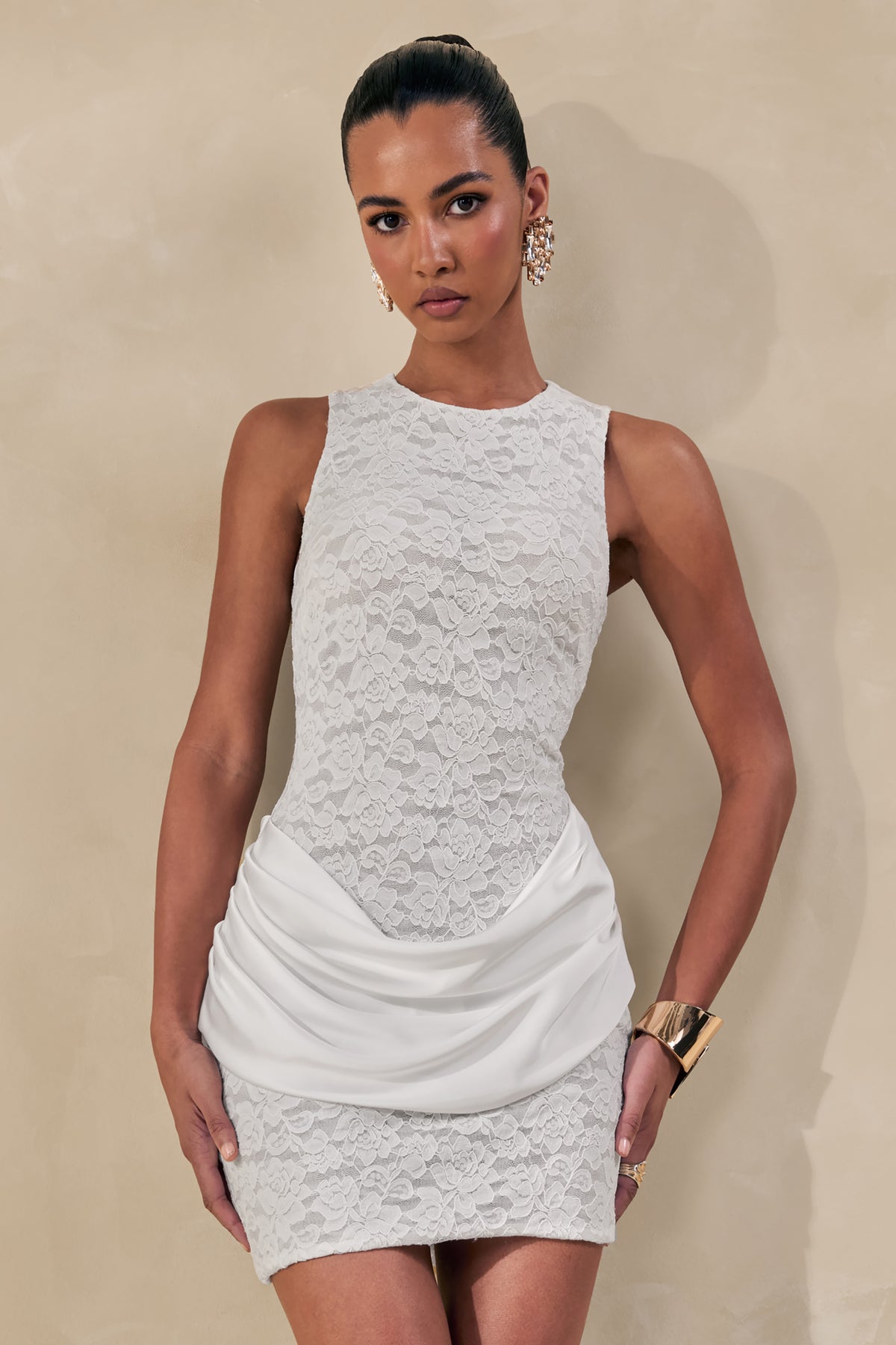 Setiana | White Lace Round-Neck Mini Dress With Draped-Detailing - UK 6 White Setiana | White Lace Round-Neck Mini Dress With Draped-Detailing - UK 6 White
