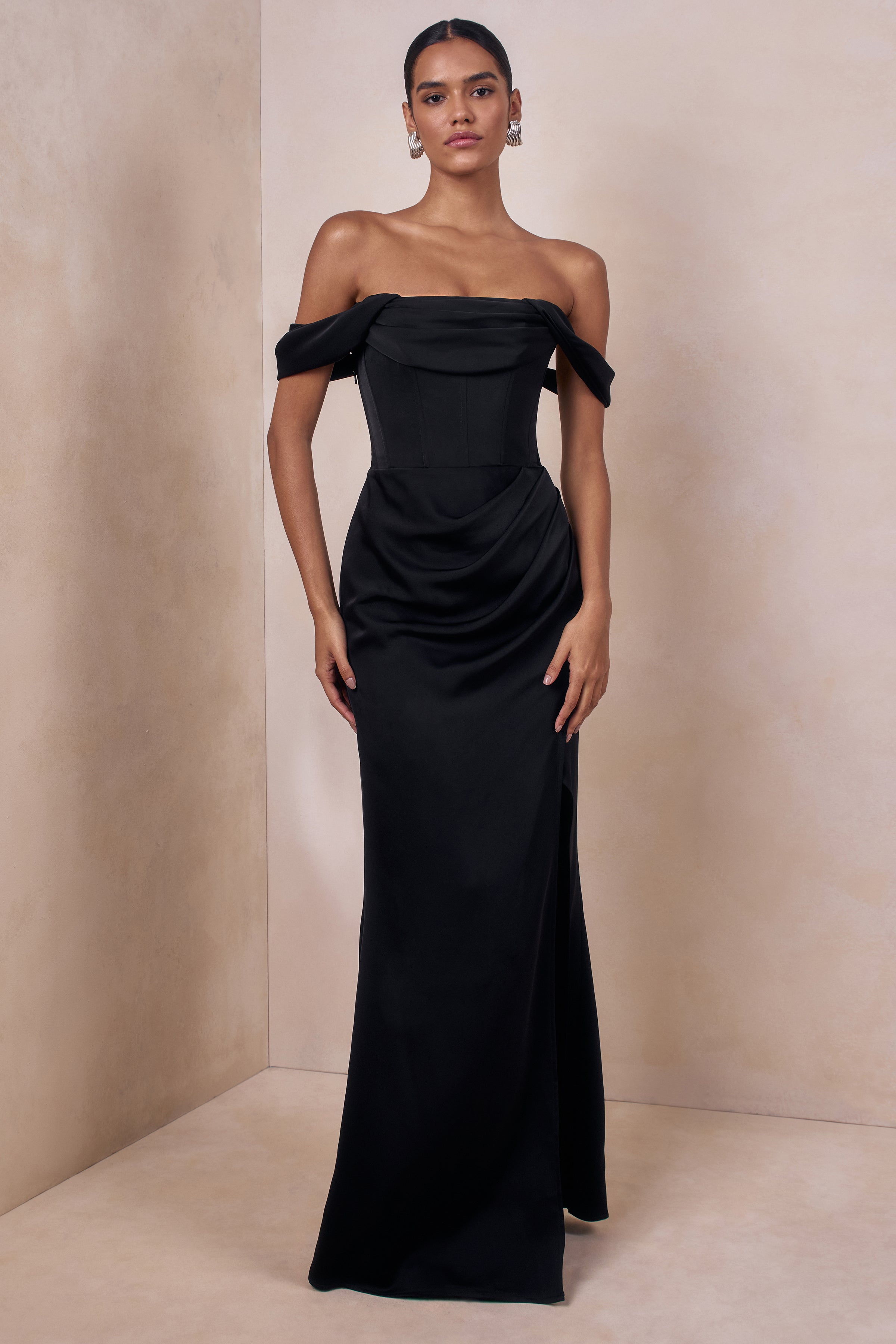 Celinea | Black Satin Bardot-Neck Maxi Dress With Front-High Split