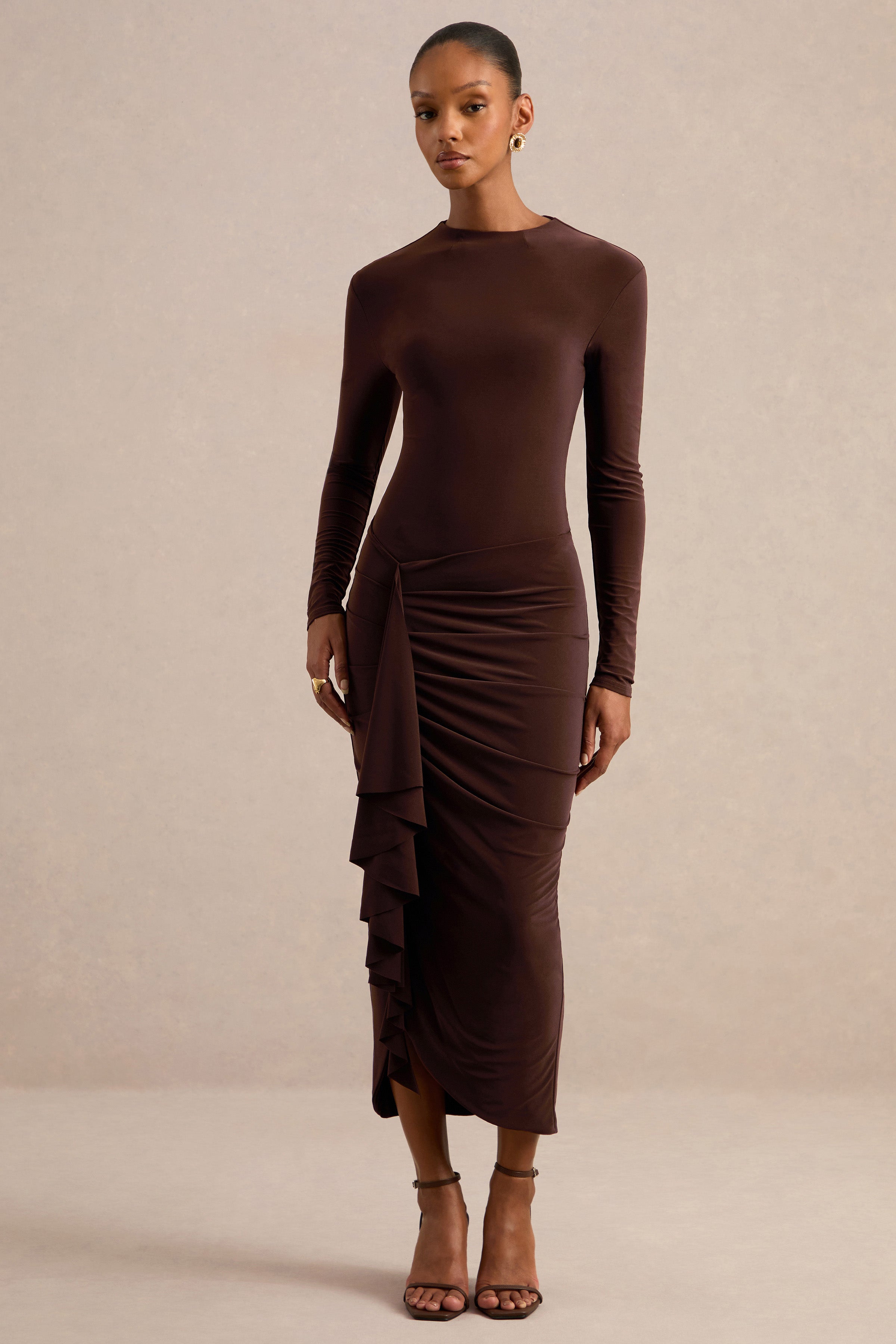 Lorvia | Dark Brown Jersey Round Neck Long Sleeve Bodysuit – Club