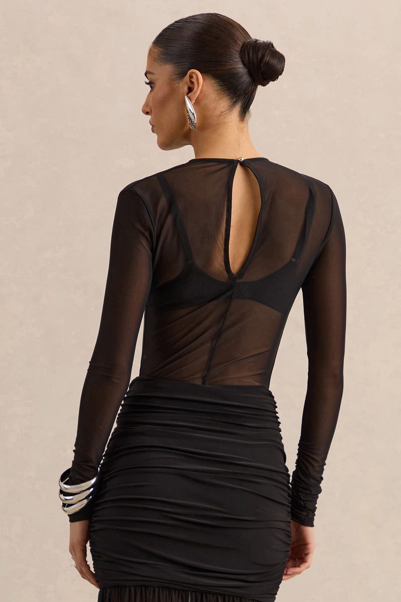Garina Black Mesh High-Neck Thong Bodysuit With Long-Sleeves – Club L ...