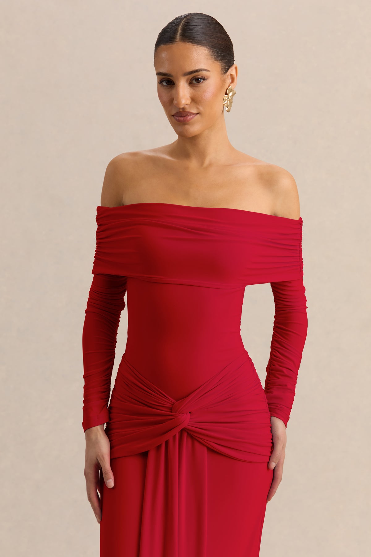 ECM_HR_CL137824100---Helia-_-Red-Bardot-Neck-Bodysuit-With-Ruched-Long-Sleeves-&-CL137840100---Flynne-_-Red-Wrapped-Maxi-Skirt-With-Sash_-4.jpg