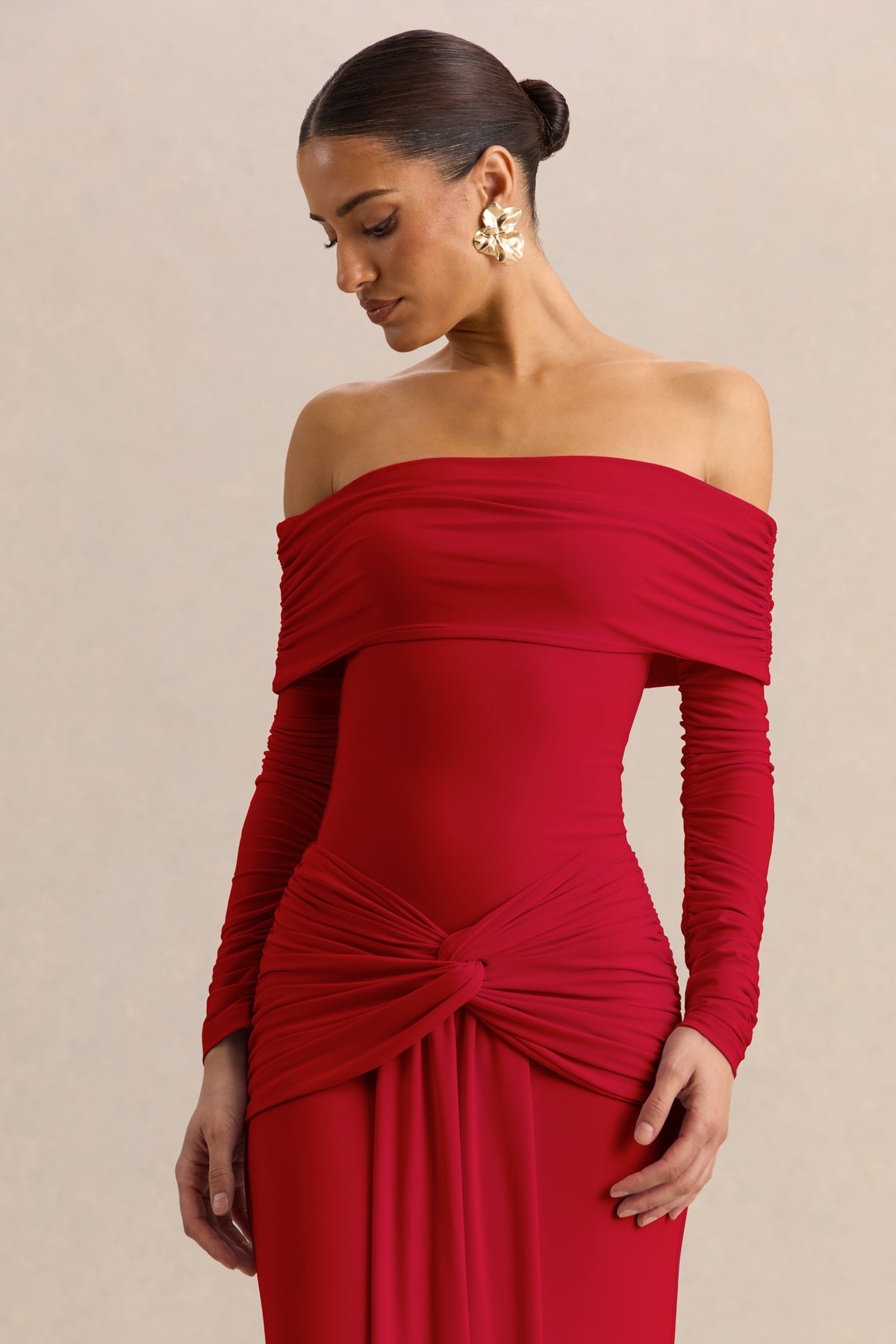 ECM_HR_CL137824100---Helia-_-Red-Bardot-Neck-Bodysuit-With-Ruched-Long-Sleeves-&-CL137840100---Flynne-_-Red-Wrapped-Maxi-Skirt-With-Sash_-6.jpg