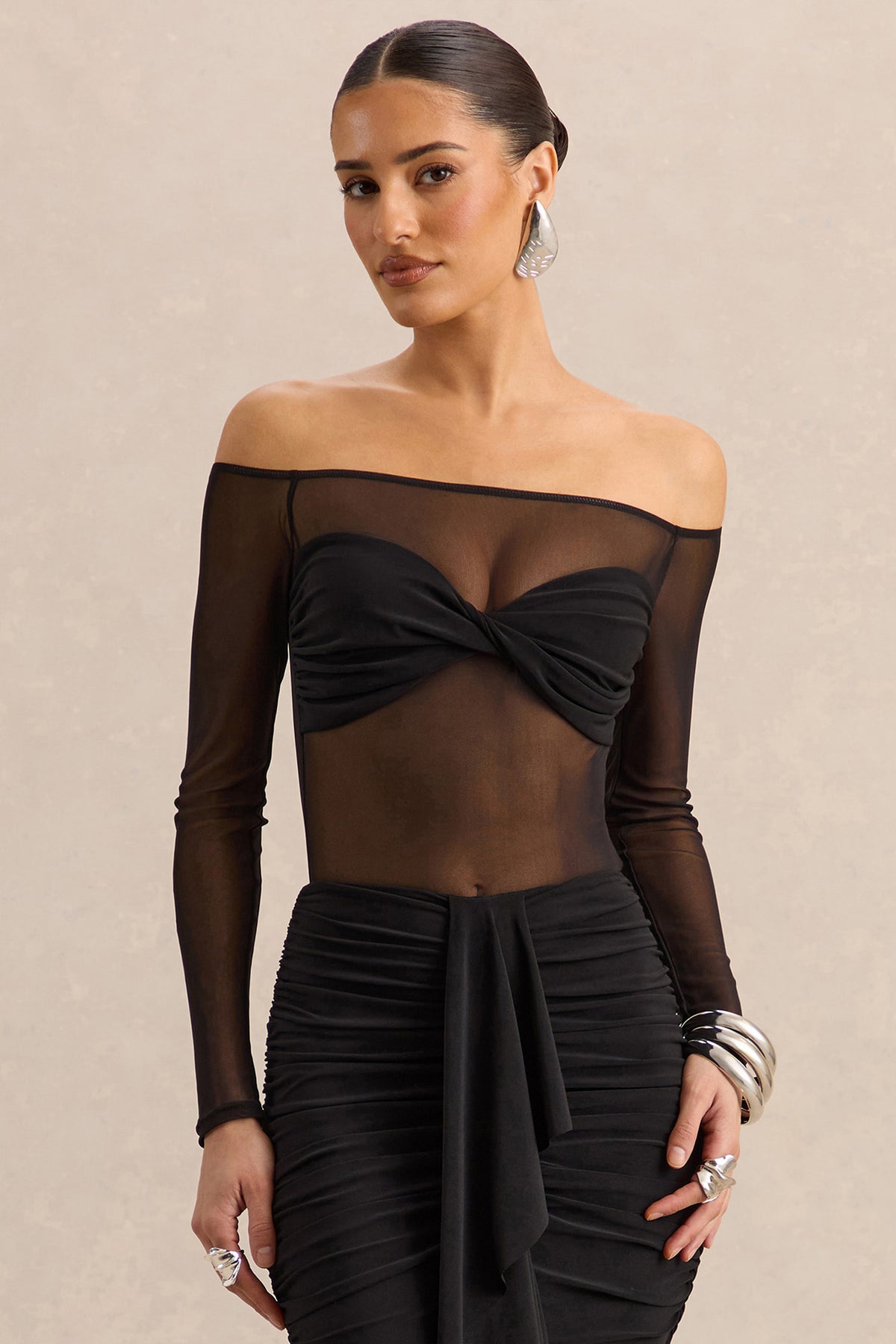 Maira Black Mesh Bardot-Neck Thong Bodysuit Club L London - USA Maira Black Mesh Bardot-Neck Thong Bodysuit Club L London - USA