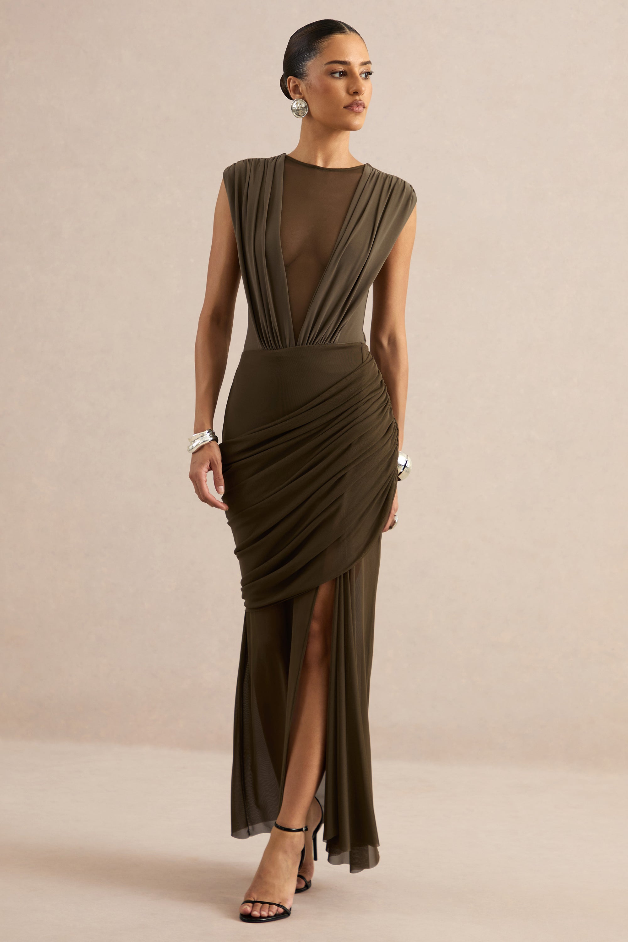 khaki mesh dress Women's Khaki Mesh Overlay Long Sleeve Bardot Maxi Dress