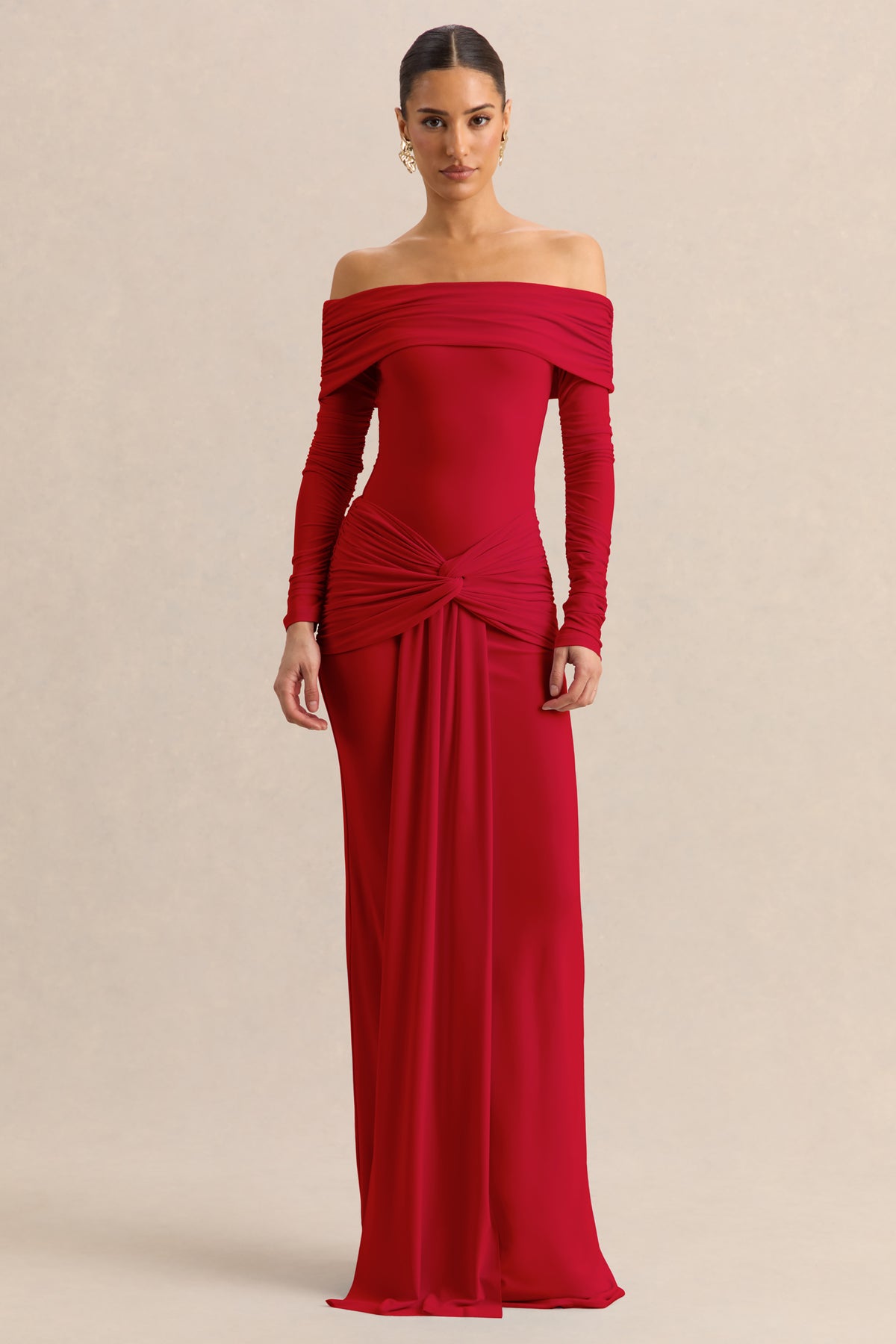 ECM_HR_CL137824100---Helia-_-Red-Bardot-Neck-Bodysuit-With-Ruched-Long-Sleeves-&-CL137840100---Flynne-_-Red-Wrapped-Maxi-Skirt-With-Sash_-0.jpg