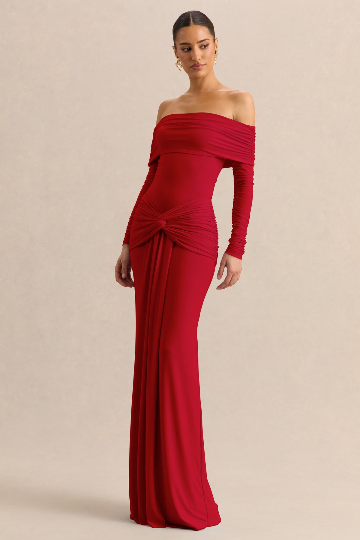 ECM_HR_CL137824100---Helia-_-Red-Bardot-Neck-Bodysuit-With-Ruched-Long-Sleeves-&-CL137840100---Flynne-_-Red-Wrapped-Maxi-Skirt-With-Sash_.jpg