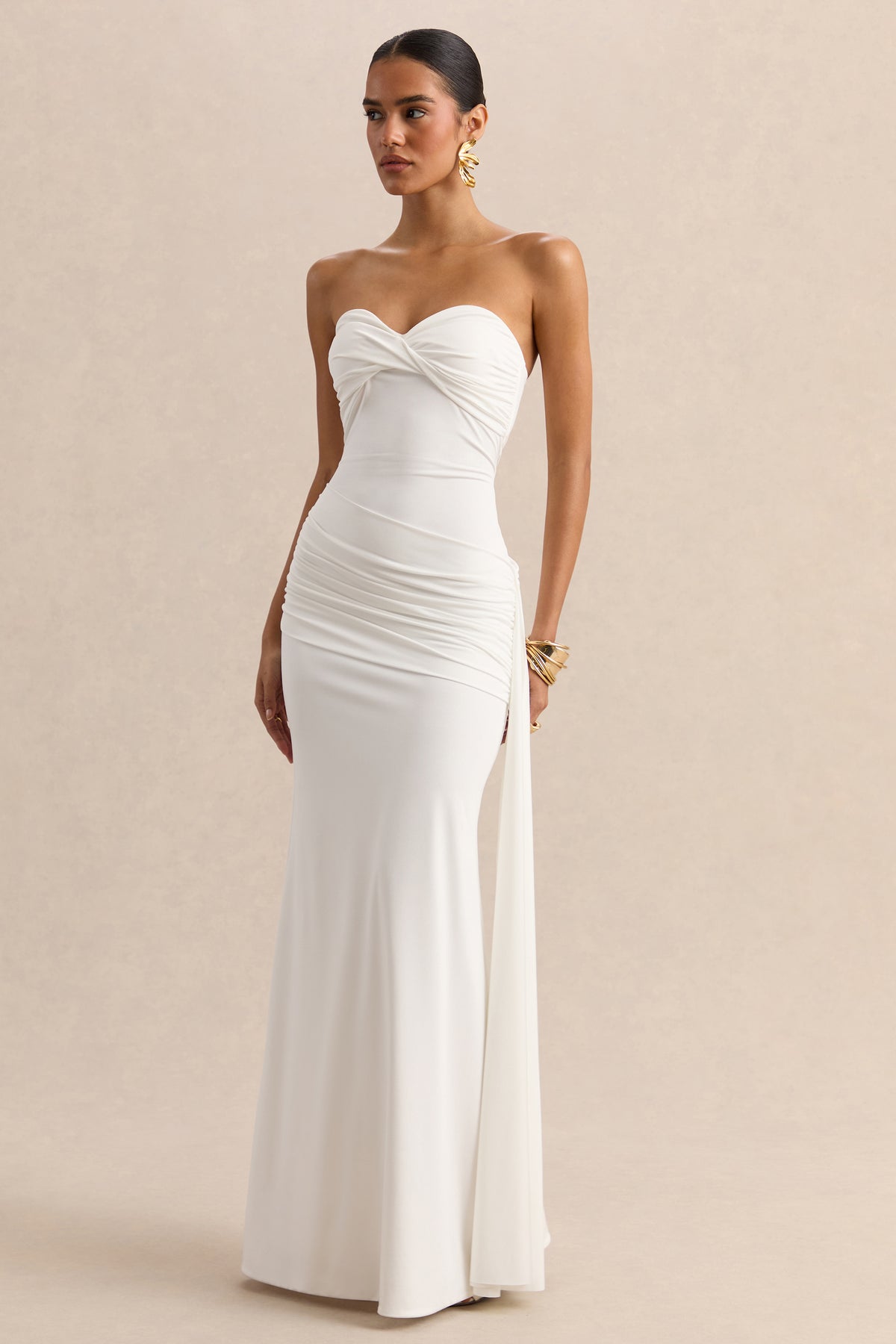 white bandeau maxi dress Liramine White Bandeau Maxi-Dress With Gathered-Detailing And Sash – Club L  London