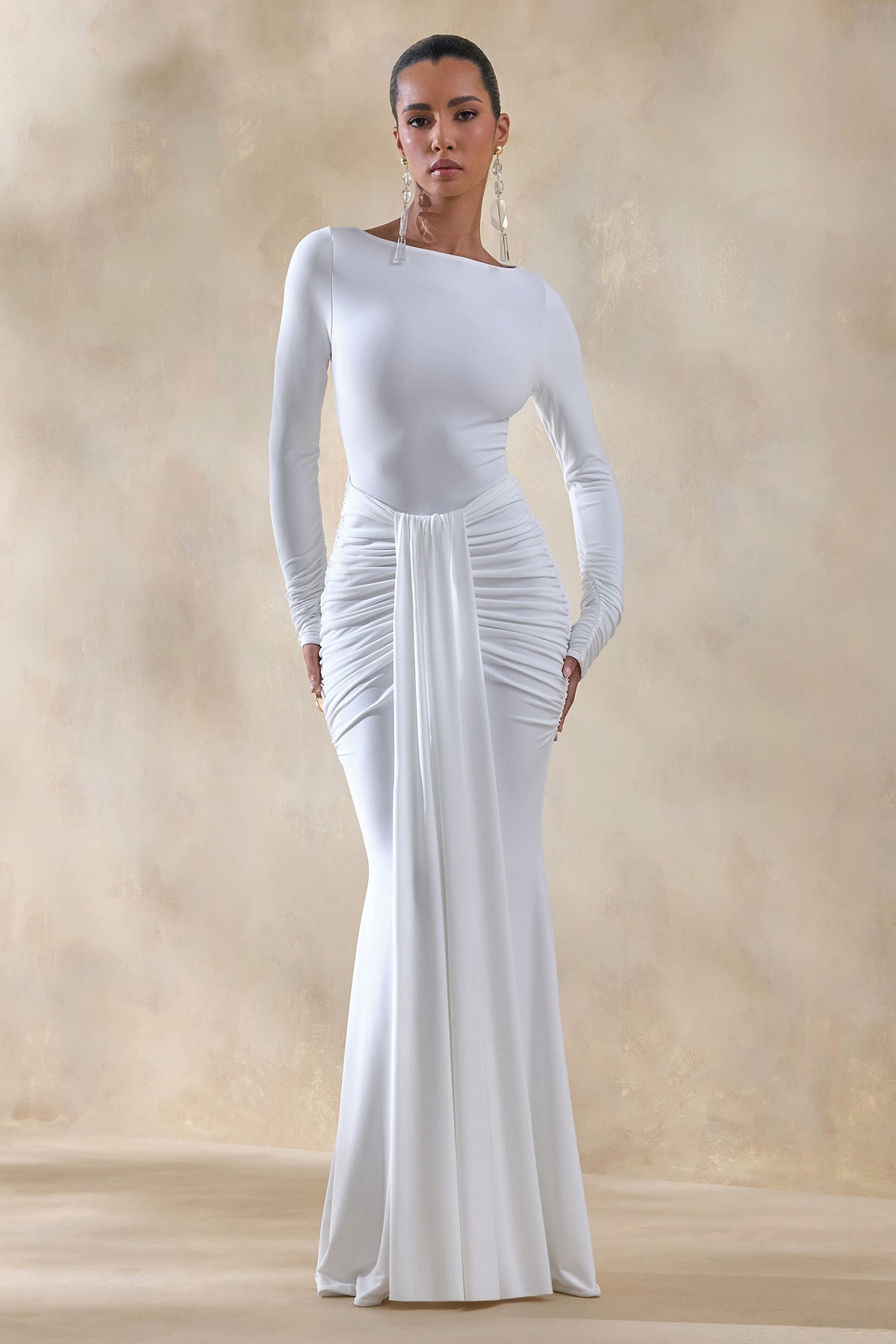 Liatris | White Wide-Neck Maxi-Dress With Gathered-Detailing - UK 12 White Liatris | White Wide-Neck Maxi-Dress With Gathered-Detailing - UK 12 White