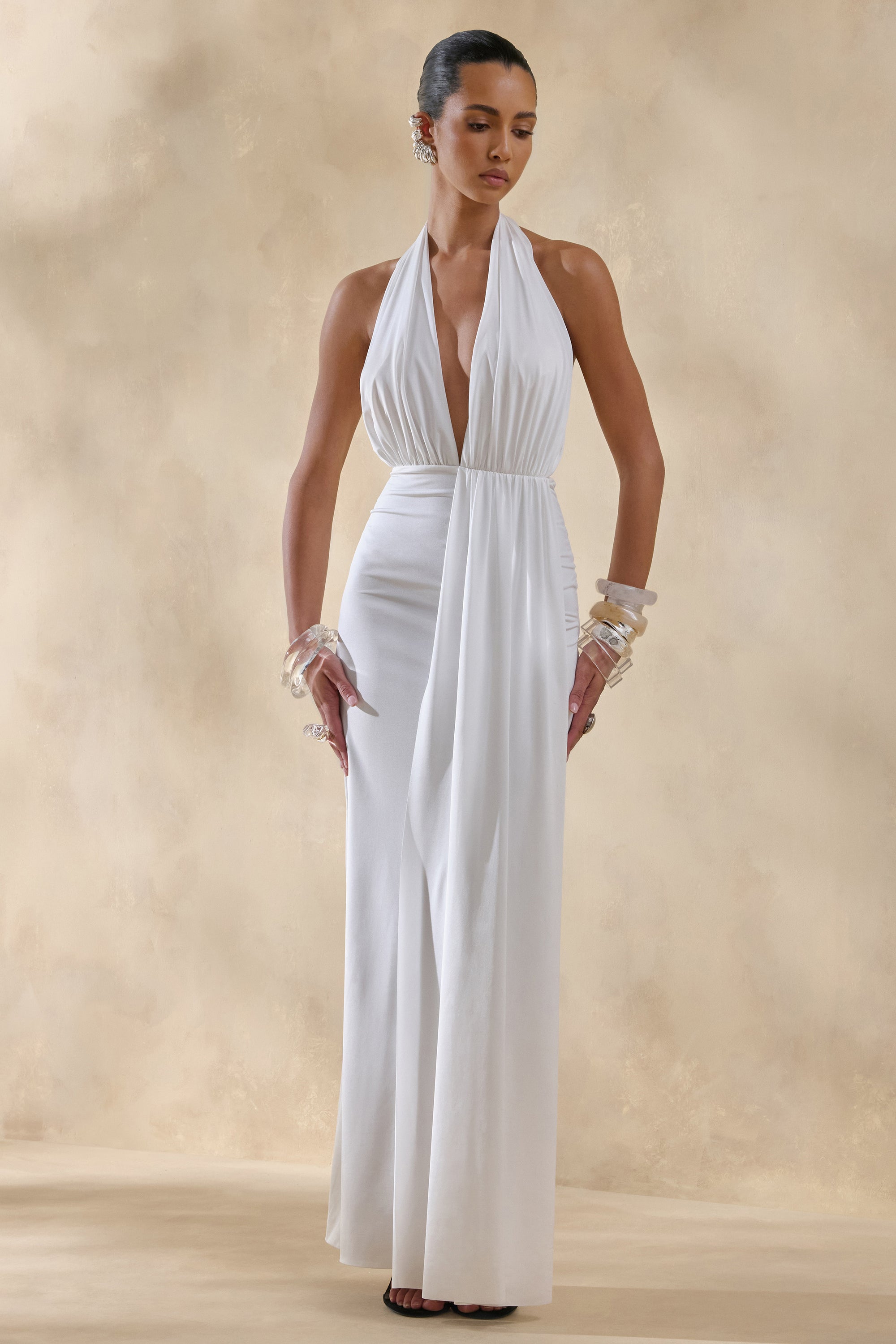 white plunge maxi dress Doria | White Plunge-Neck Maxi Dress Club L London