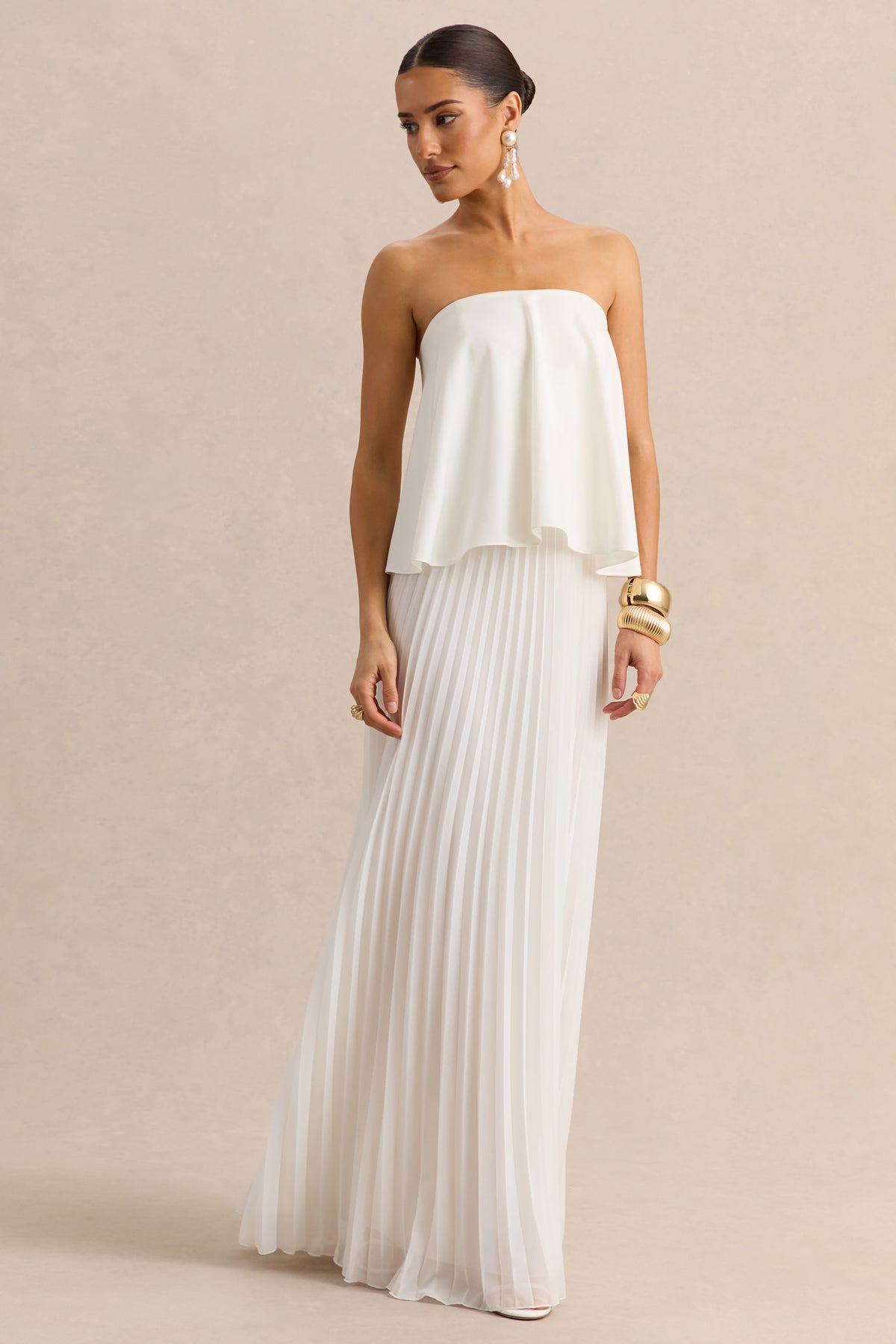 white dress pleated skirt Saralyn | White Bandeau Maxi Dress With Pleated-Skirt